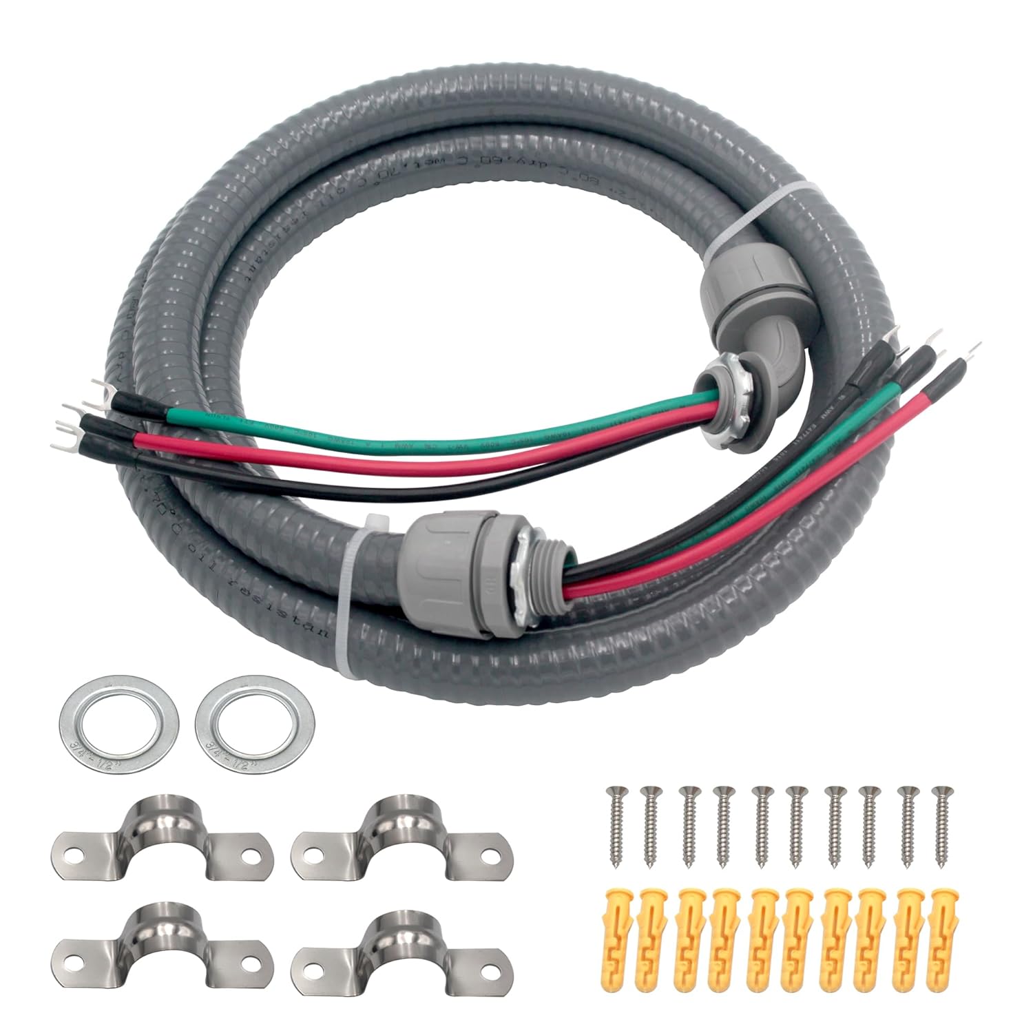 10 Gauge 3 Conductor Nonmetallic Flexible Conduit Wire Kit - 4FT Outdoor Electrical Whip Assembly for AC Disconnect Box