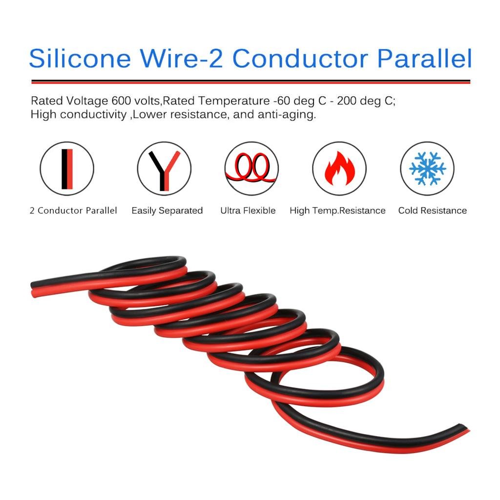 10 Gauge Flexible 2 Conductor Parallel Silicone Wire Red Black 10ft - High Resistant 200 deg C 600V for LED Strip Extension