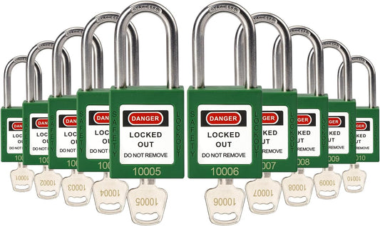 10 Green Lockout Tagout Safety Padlocks with Brass Core, Keyed Different - OSHA Compliant for Electrical Kits