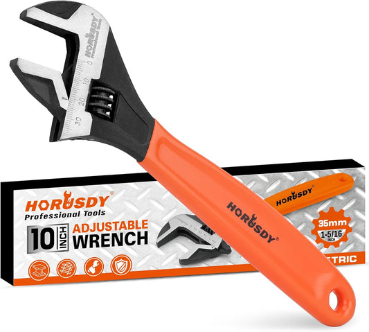 10" HORUSDY Adjustable Wrench Pipe Spanner with Wide Jaw, Black Oxide Finish, Cushion Grip, Metric & SAE Scales, CR-V Steel - Ideal for Professionals