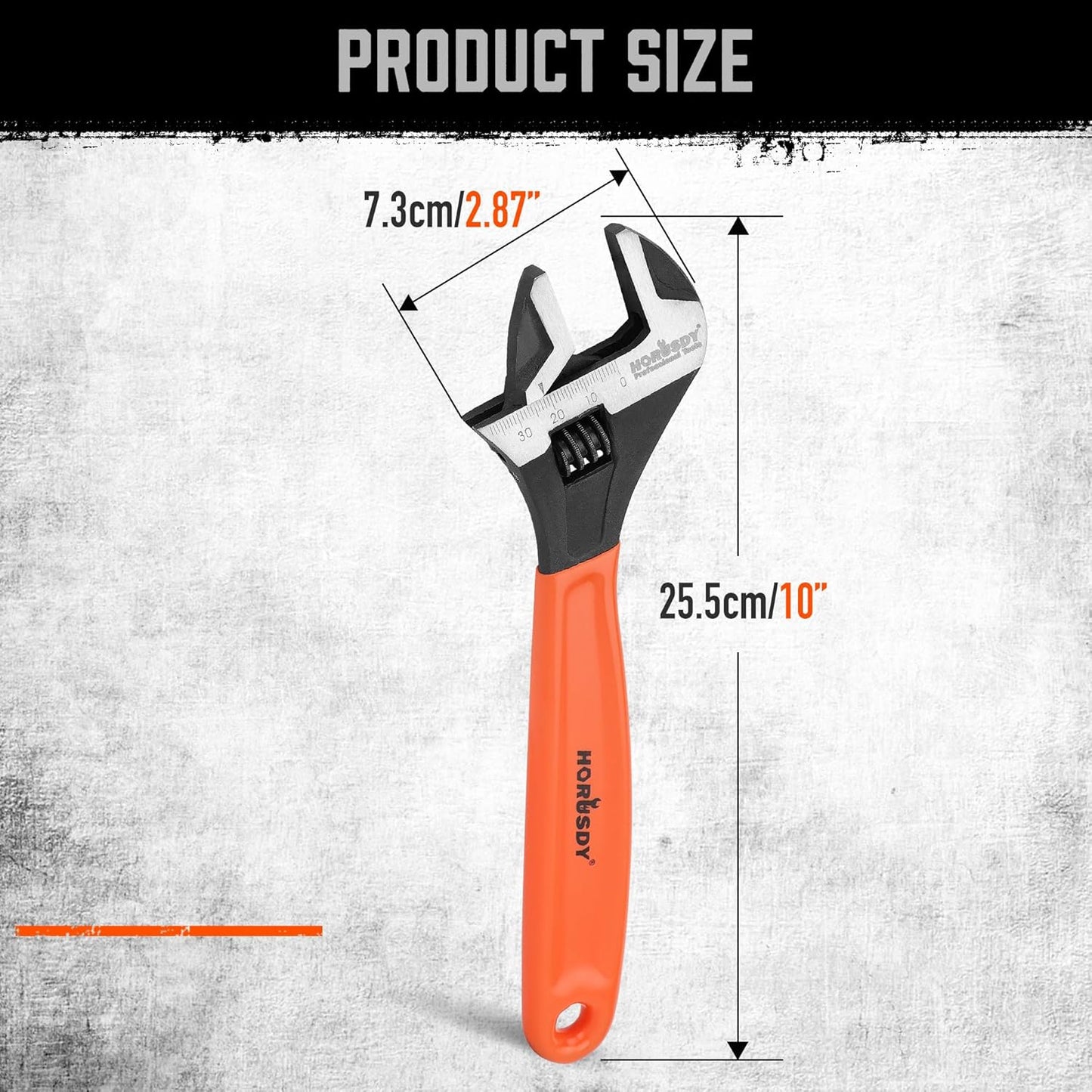 10" HORUSDY Adjustable Wrench Pipe Spanner with Wide Jaw, Black Oxide Finish, Cushion Grip, Metric & SAE Scales, CR-V Steel - Ideal for Professionals
