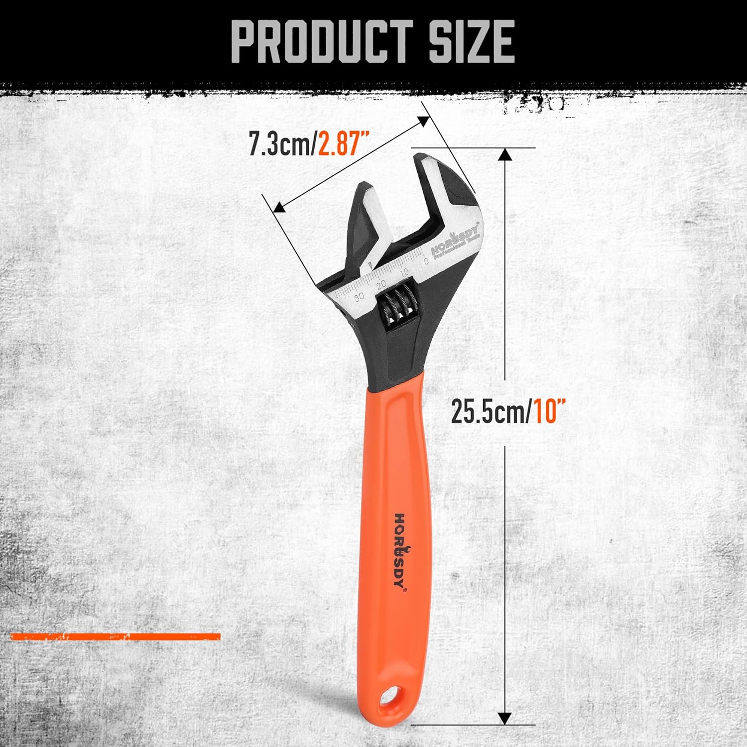 10" HORUSDY Adjustable Wrench Pipe Spanner with Wide Jaw, Black Oxide Finish, Cushion Grip, Metric & SAE Scales, CR-V Steel - Ideal for Professionals