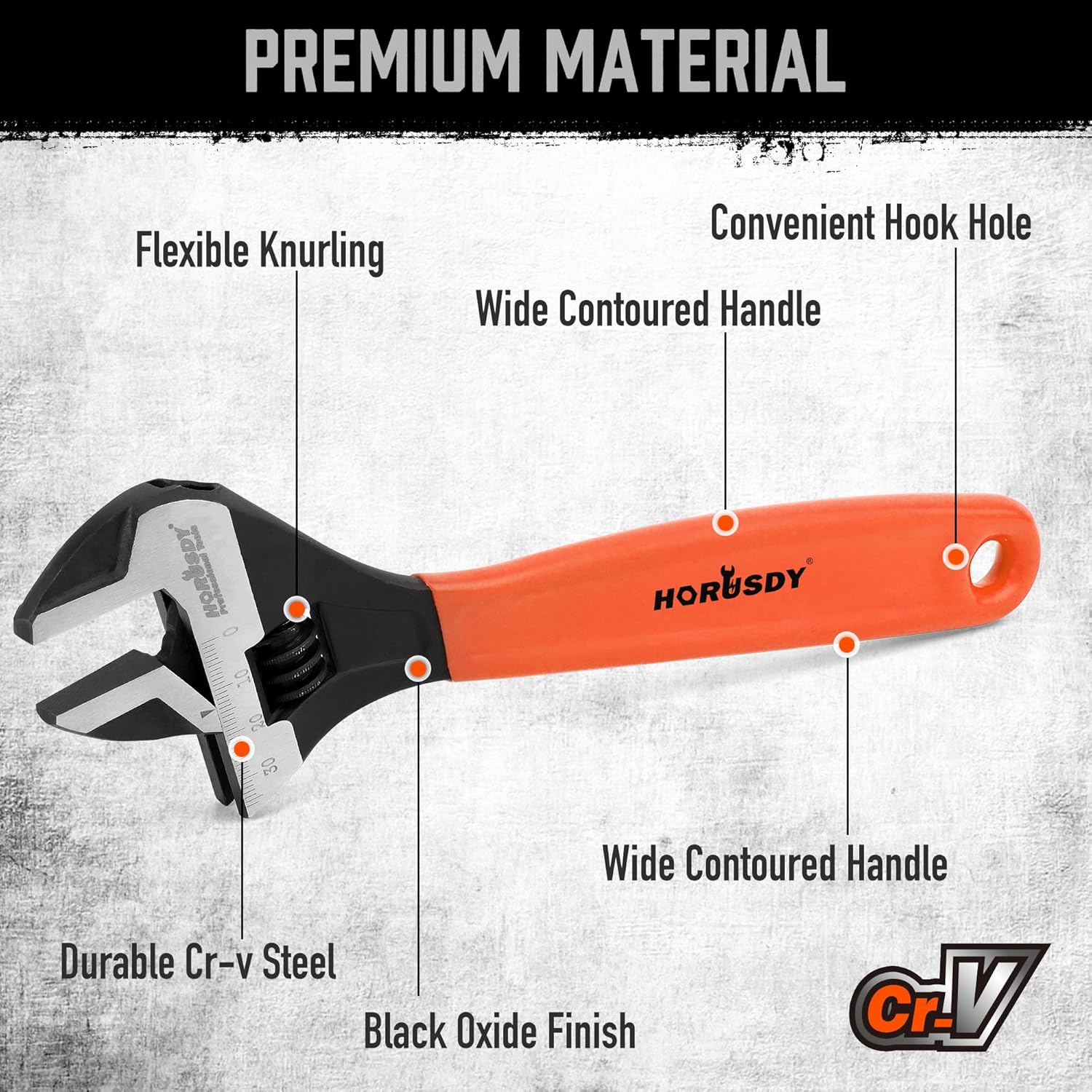10" HORUSDY Adjustable Wrench Pipe Spanner with Wide Jaw, Black Oxide Finish, Cushion Grip, Metric & SAE Scales, CR-V Steel - Ideal for Professionals