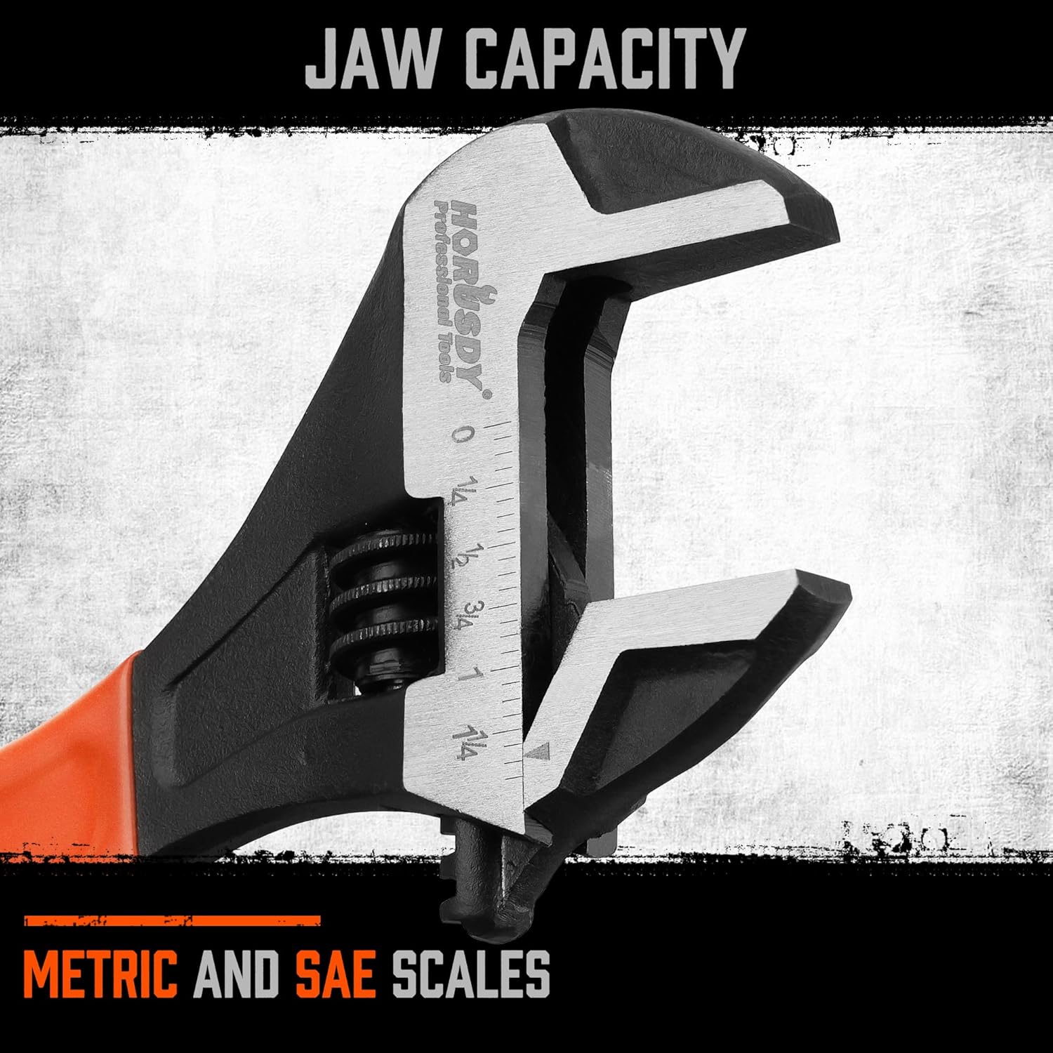 10" HORUSDY Adjustable Wrench Pipe Spanner with Wide Jaw, Black Oxide Finish, Cushion Grip, Metric & SAE Scales, CR-V Steel - Ideal for Professionals