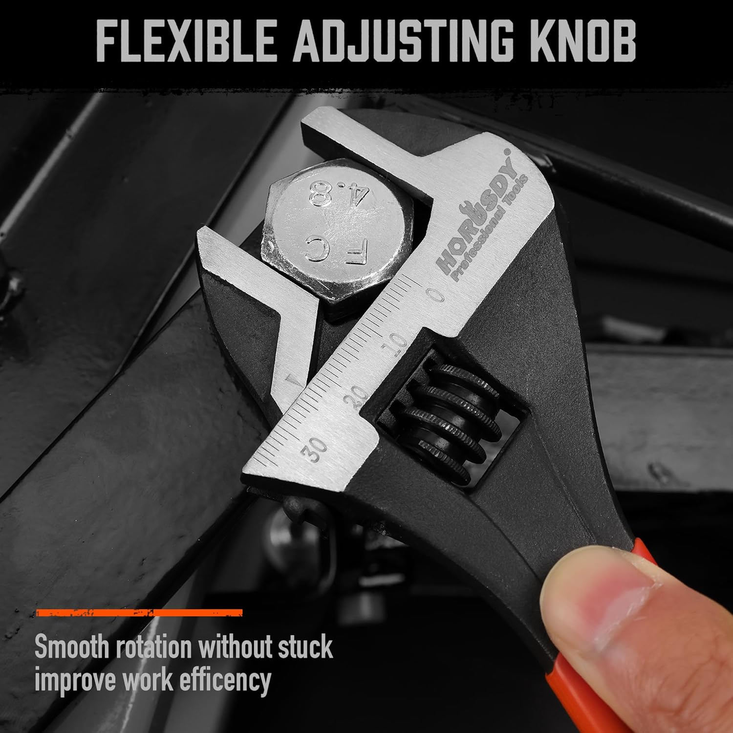 10" HORUSDY Adjustable Wrench Pipe Spanner with Wide Jaw, Black Oxide Finish, Cushion Grip, Metric & SAE Scales, CR-V Steel - Ideal for Professionals