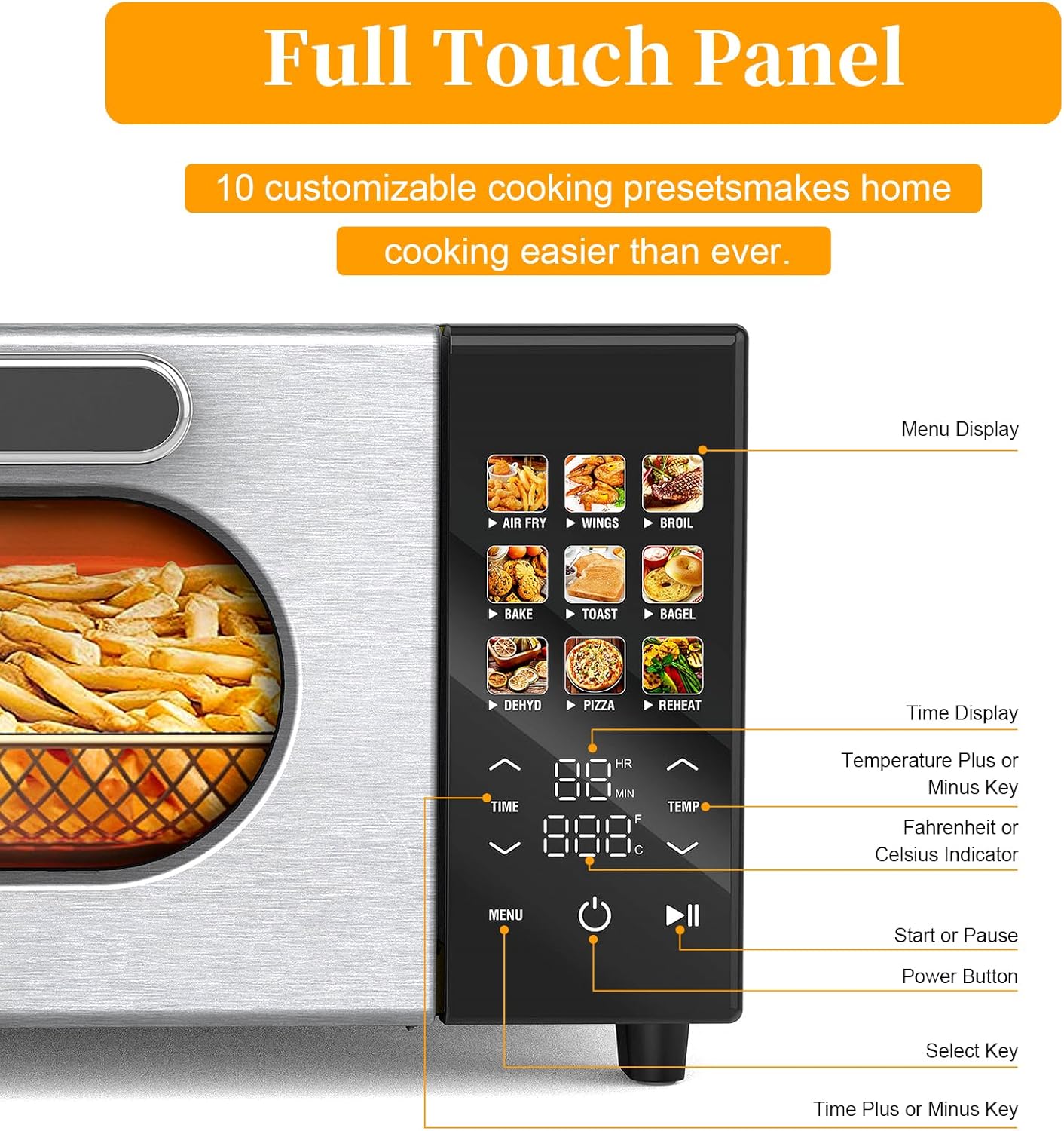 10-in-1 Air Convection Toaster Oven with Color LCD Display and Touch Screen - 15L Cooker, Air Fryer, Dehydrator - 4 Accessories Included - 1800W - Silver