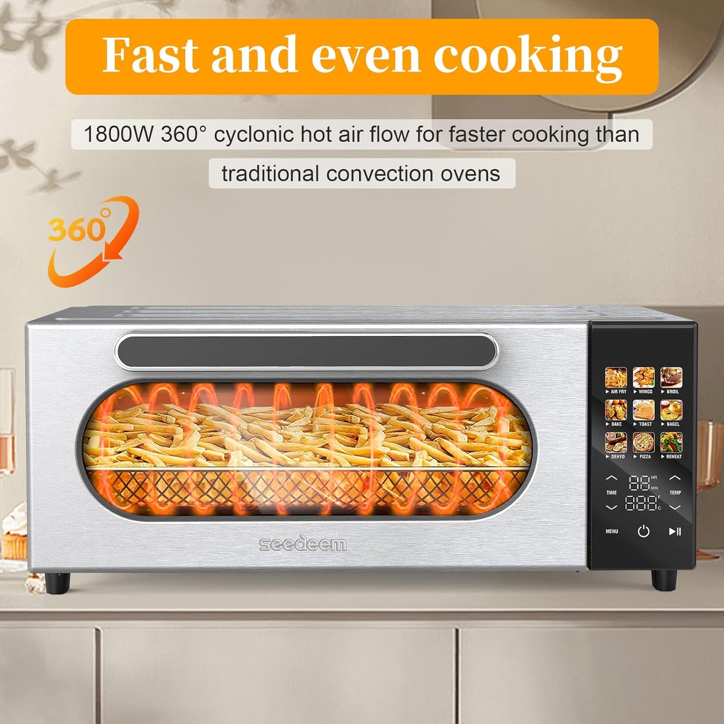 10-in-1 Air Convection Toaster Oven with Color LCD Display and Touch Screen - 15L Cooker, Air Fryer, Dehydrator - 4 Accessories Included - 1800W - Silver