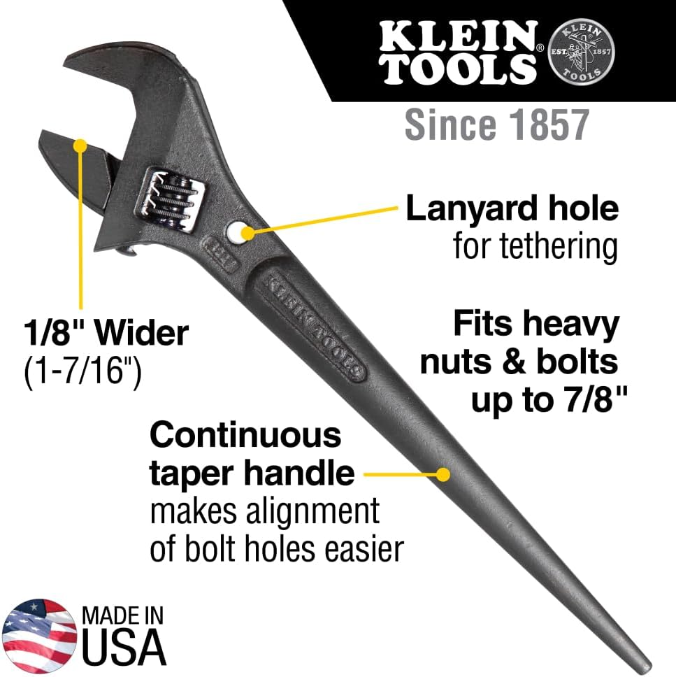 10-Inch Adjustable Spud Wrench by Klein Tools - Extra Wide with Tether Hole, Made in USA for 1-7/16-Inch Nuts and Bolts
