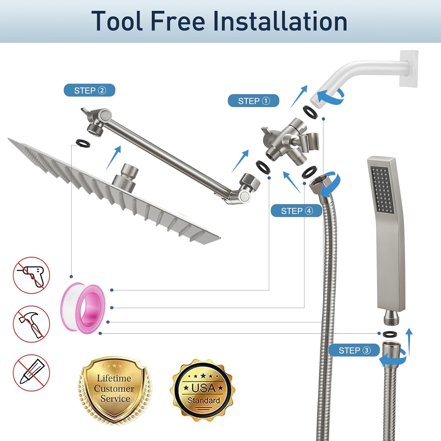 10 Inch All Metal Rain Shower Head with Handheld - High Pressure Dual Shower Head Combo, Adjustable Arm and 70" Hose - 3-Way Diverter - Brushed Nickel