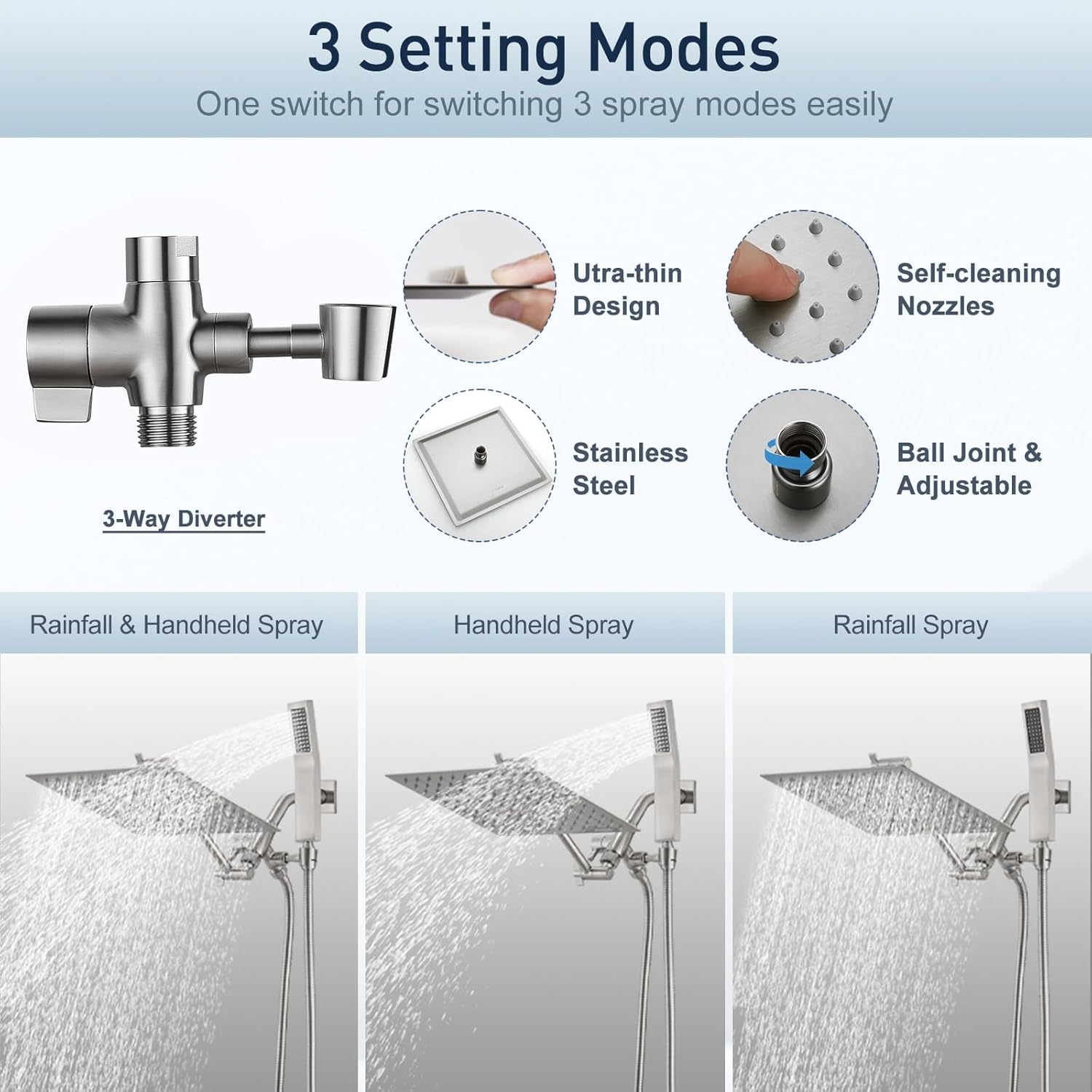 10 Inch All Metal Rain Shower Head with Handheld - High Pressure Dual Shower Head Combo, Adjustable Arm and 70" Hose - 3-Way Diverter - Brushed Nickel