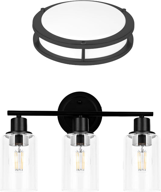 10 Inch Black Ceiling Light Fixture and 3-Light Black Vanity Light Fixture Bundle for Bathroom by Faymart Lighting