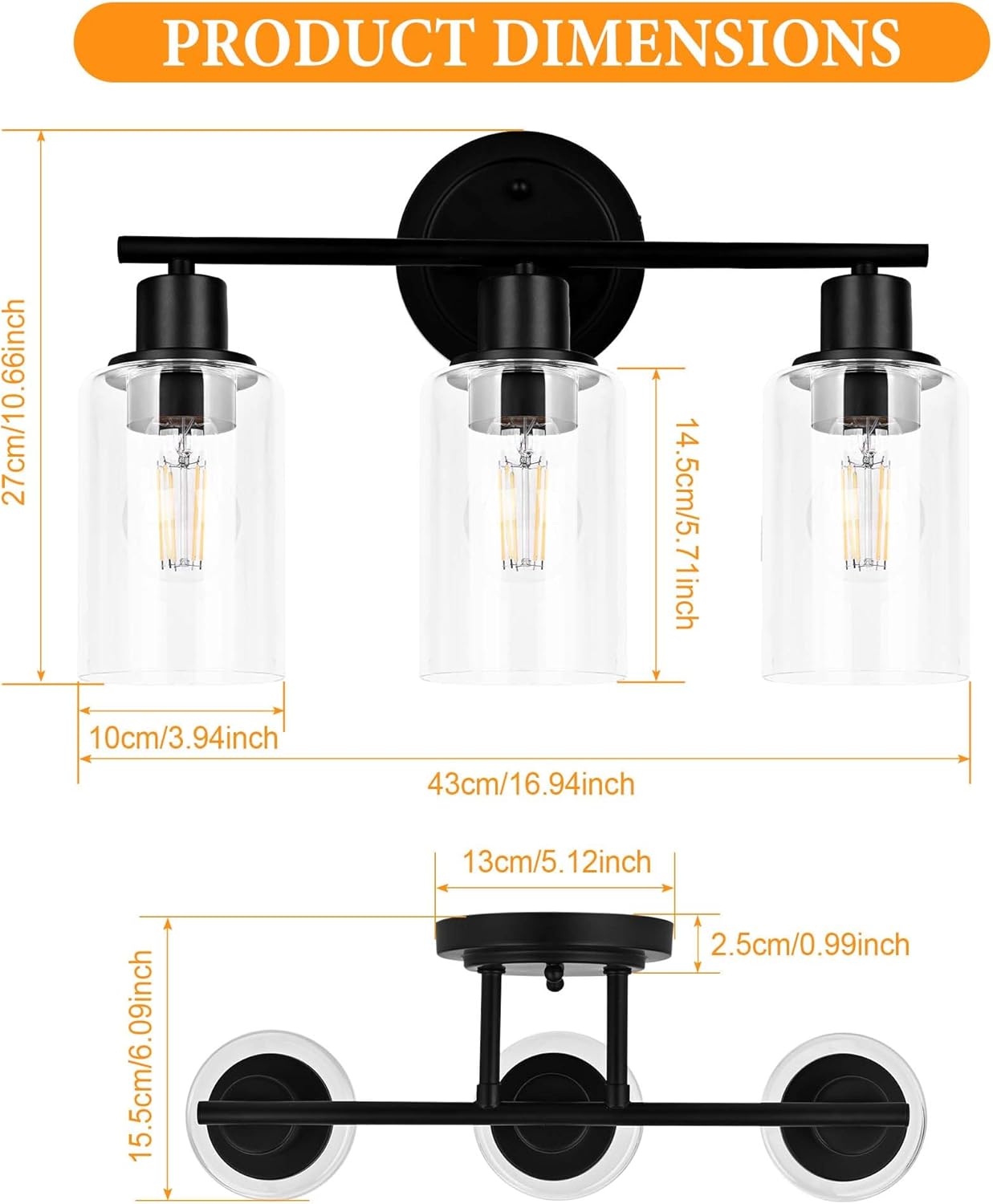10 Inch Black Ceiling Light Fixture and 3-Light Black Vanity Light Fixture Bundle for Bathroom by Faymart Lighting