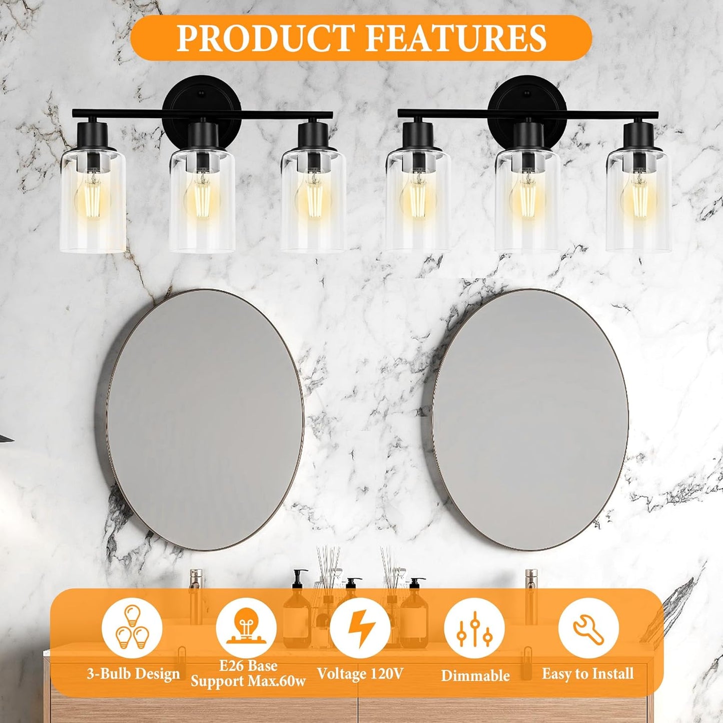 10 Inch Black Ceiling Light Fixture and 3-Light Black Vanity Light Fixture Bundle for Bathroom by Faymart Lighting