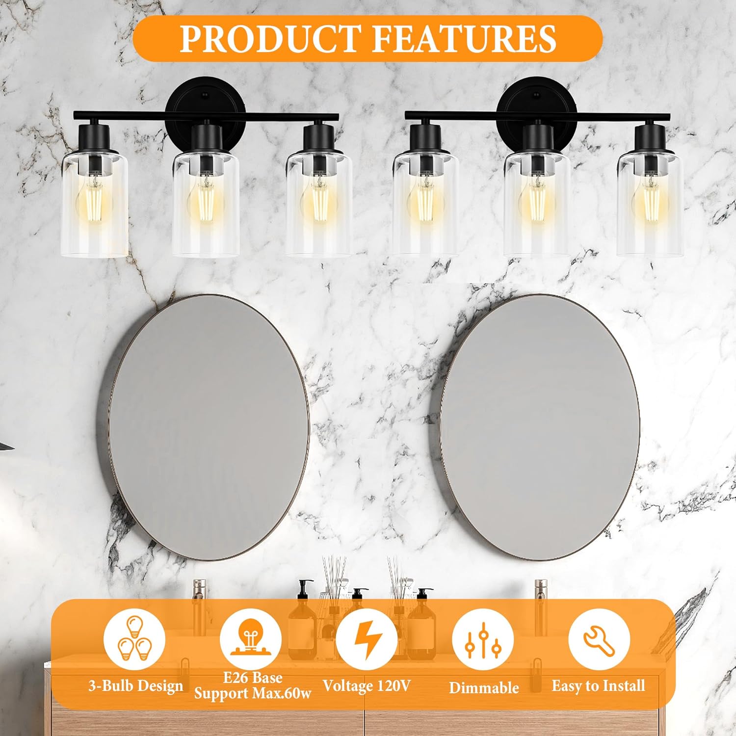 10 Inch Black Ceiling Light Fixture and 3-Light Black Vanity Light Fixture Bundle for Bathroom by Faymart Lighting