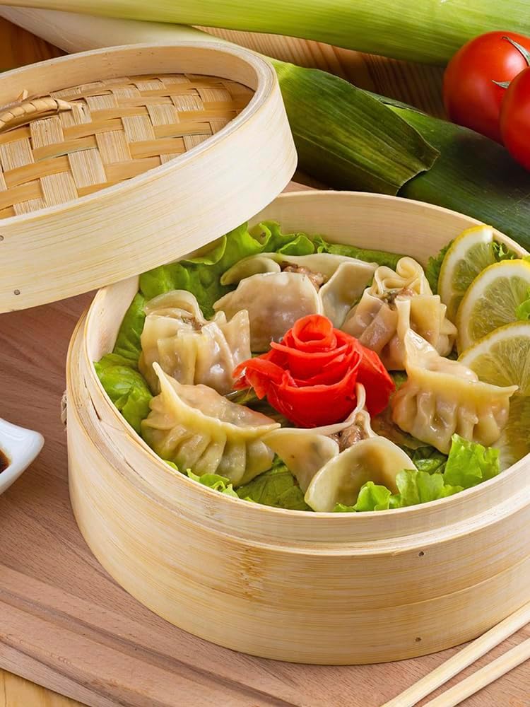 10 Inch Eco-Friendly Bamboo Steamer Basket for Dumplings, Vegetables, Fish, and Rice - Handmade 1/2 Layers Lightweight Food Steamer
