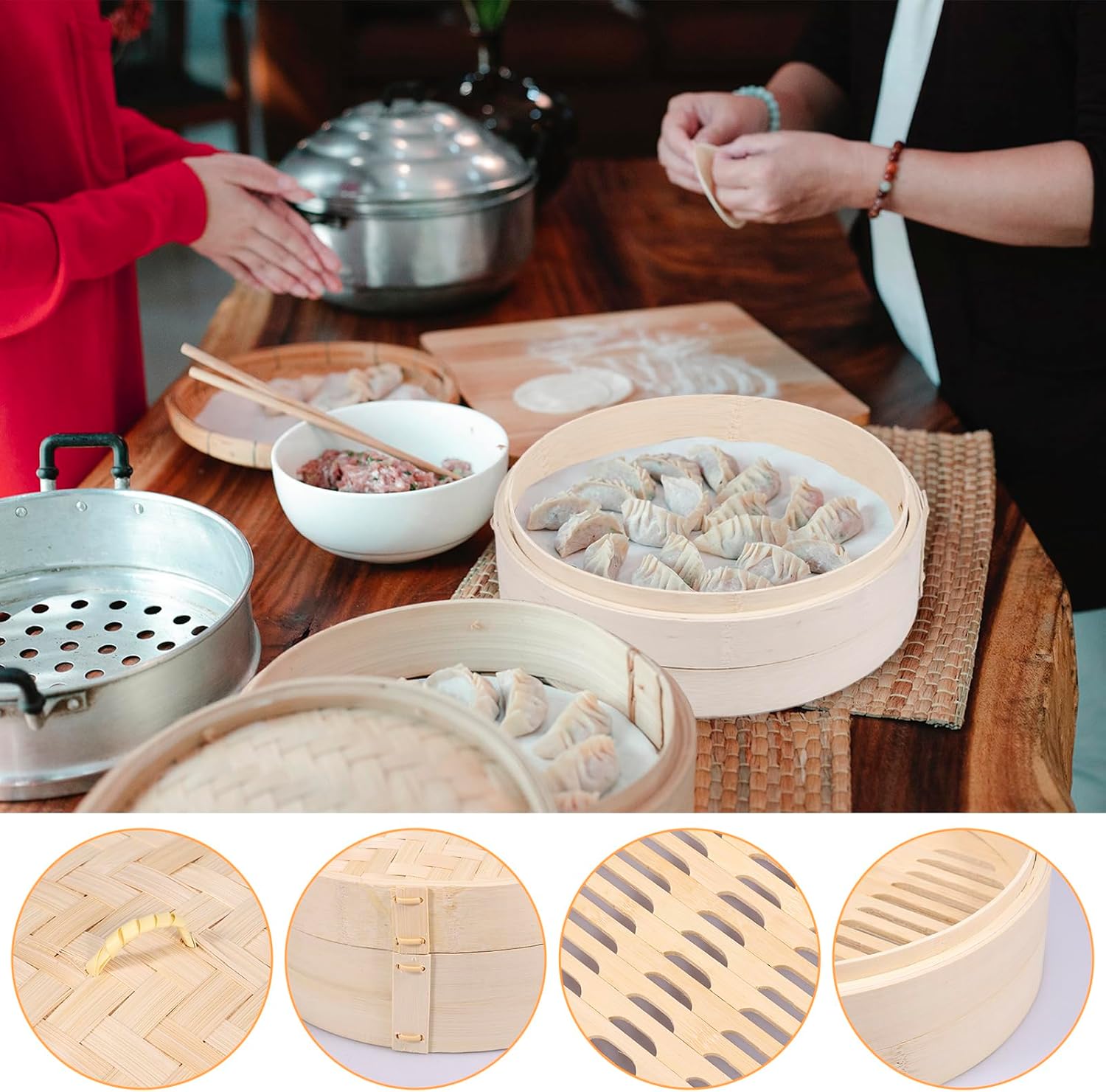 10 Inch Eco-Friendly Bamboo Steamer Basket for Dumplings, Vegetables, Fish, and Rice - Handmade 1/2 Layers Lightweight Food Steamer