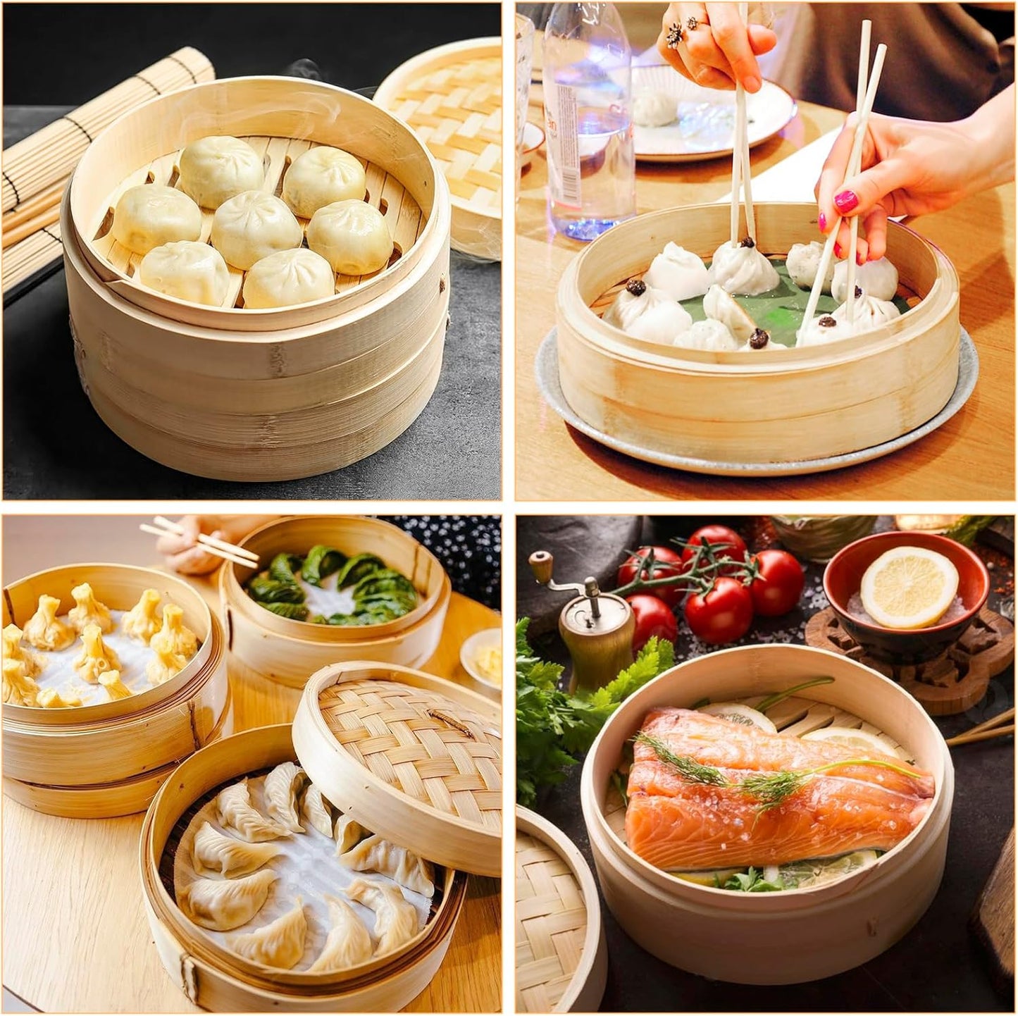 10 Inch Eco-Friendly Bamboo Steamer Basket for Dumplings, Vegetables, Fish, and Rice - Handmade 1/2 Layers Lightweight Food Steamer