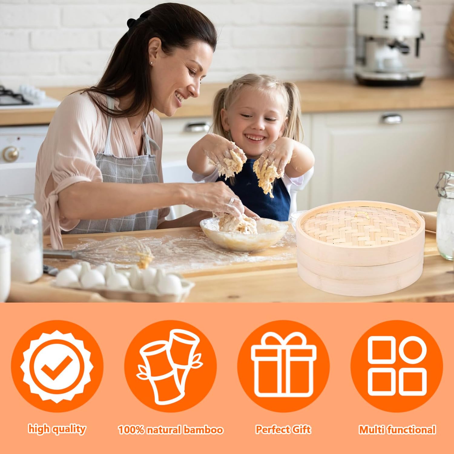 10 Inch Eco-Friendly Bamboo Steamer Basket for Dumplings, Vegetables, Fish, and Rice - Handmade 1/2 Layers Lightweight Food Steamer