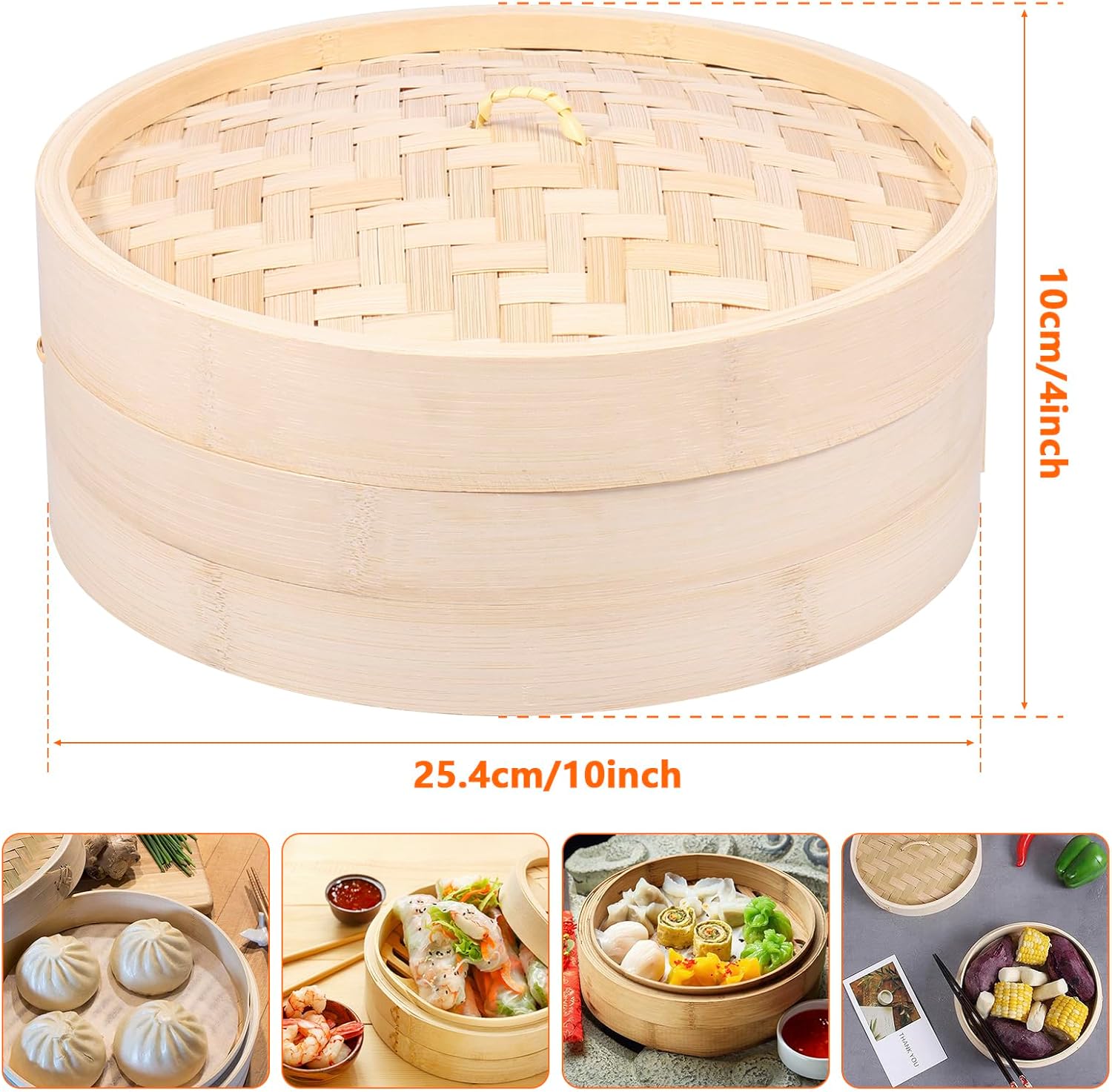 10 Inch Eco-Friendly Bamboo Steamer Basket for Dumplings, Vegetables, Fish, and Rice - Handmade 1/2 Layers Lightweight Food Steamer