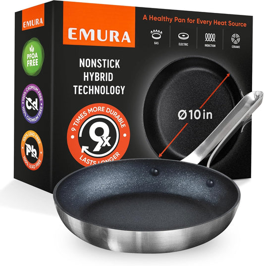 10 inch Emura Non Stick Frying Pan | Professional Aluminum Cookware with Nonstick Coating | Scratch Resistant Skillet for All Stovetops, Induction & Oven Safe