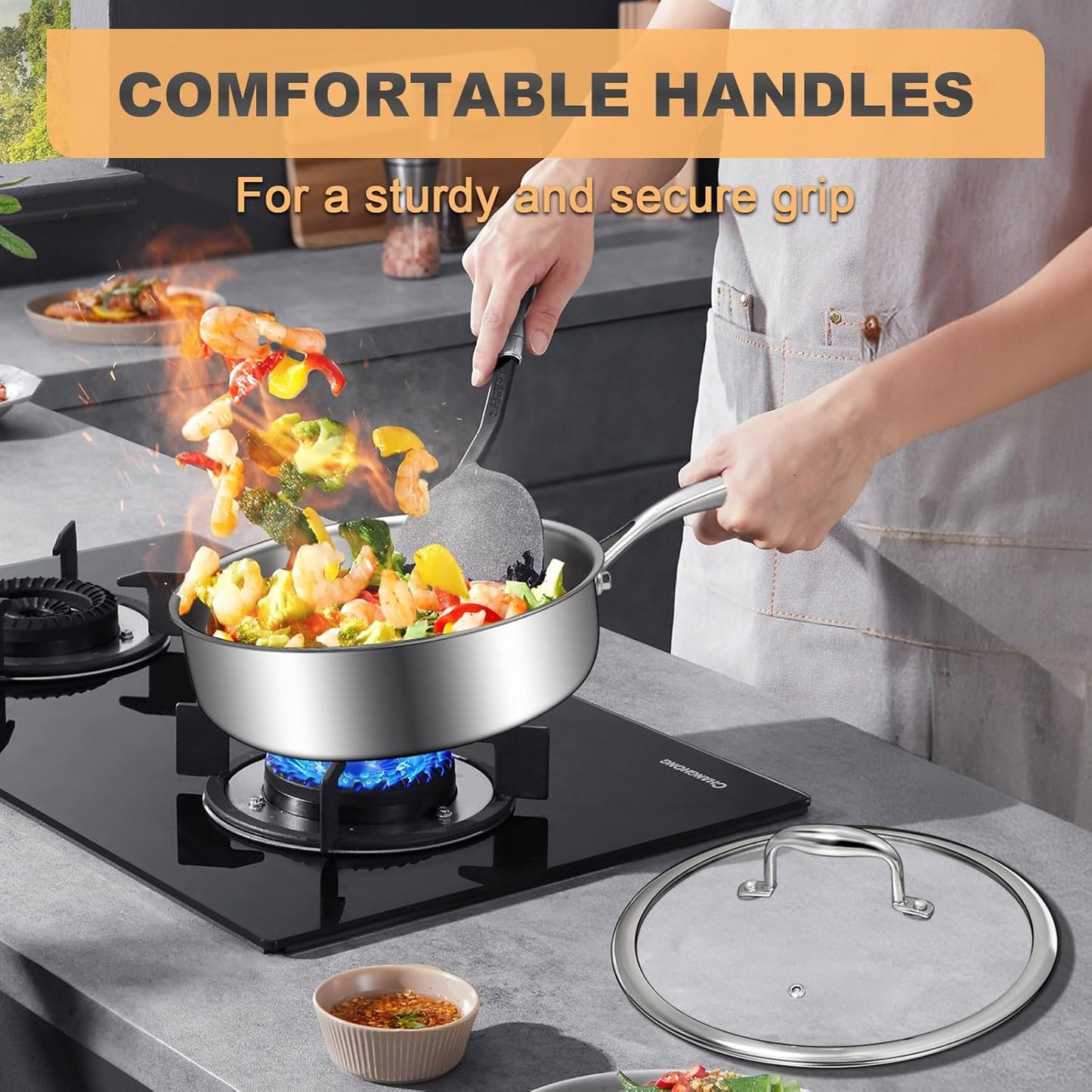 10 Inch EWFEN Tri-Ply Stainless Steel Frying Pan with Lid - Induction Cooking, Oven & Dishwasher Safe, Even Heat Distribution, Heavy Duty