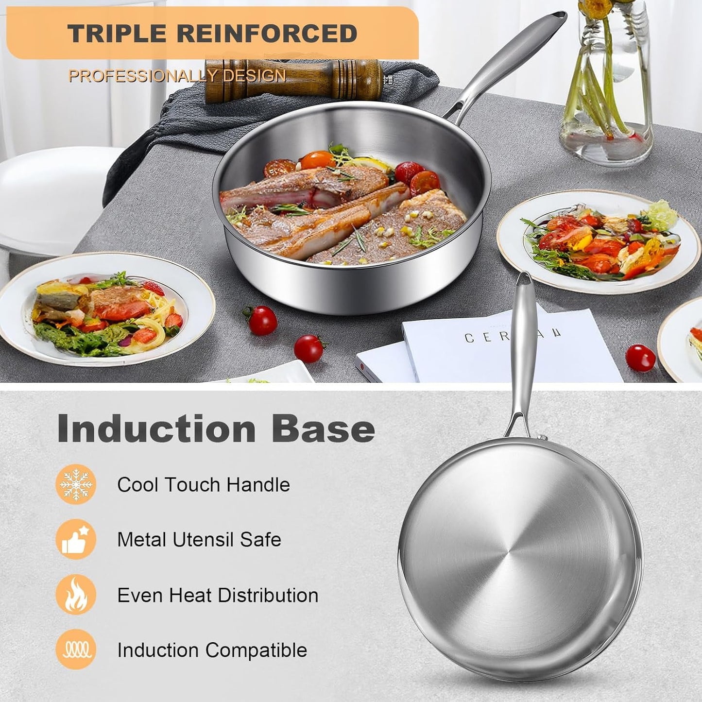 10 Inch EWFEN Tri-Ply Stainless Steel Frying Pan with Lid - Induction Cooking, Oven & Dishwasher Safe, Even Heat Distribution, Heavy Duty