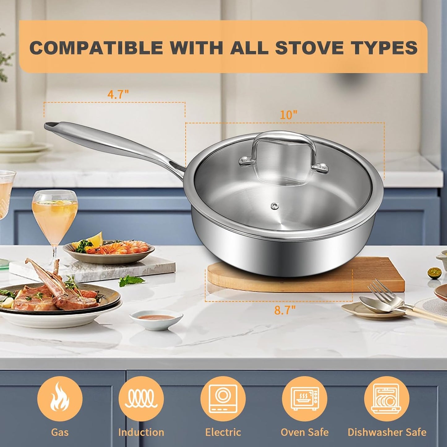 10 Inch EWFEN Tri-Ply Stainless Steel Frying Pan with Lid - Induction Cooking, Oven & Dishwasher Safe, Even Heat Distribution, Heavy Duty