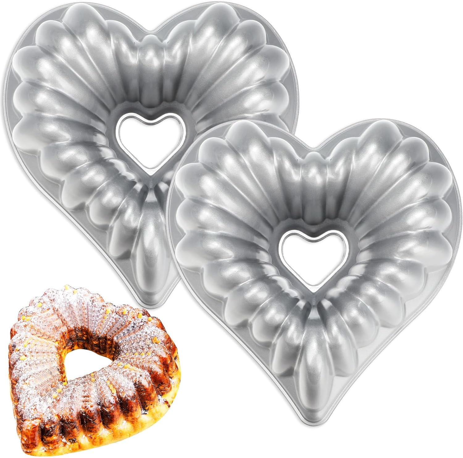 10 Inch Heart Shaped Cake Pans Set of 2 - Non Stick Aluminum Baking Mold for Valentines, Birthdays, Christmas, Weddings - Oven Safe Kitchen Accessories in Silver