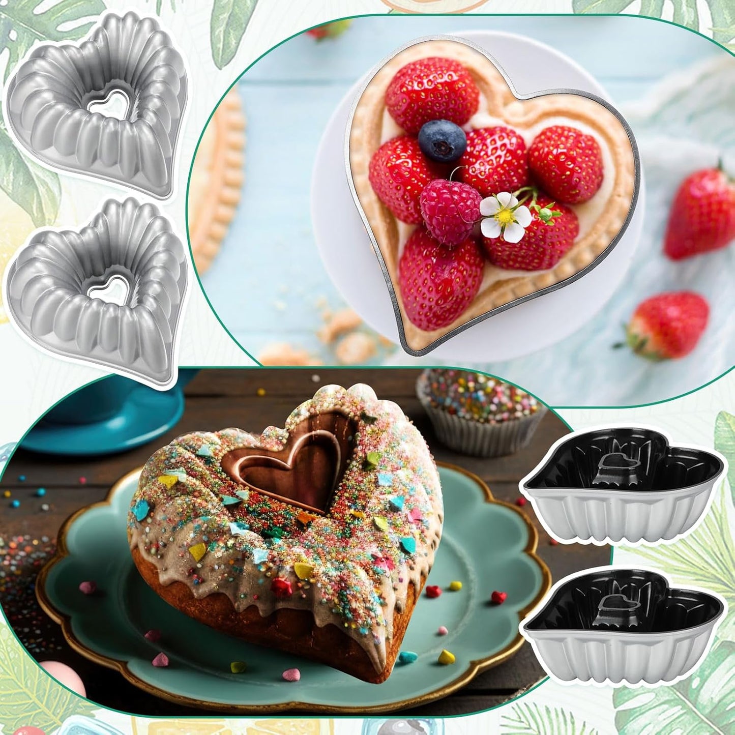 10 Inch Heart Shaped Cake Pans Set of 2 - Non Stick Aluminum Baking Mold for Valentines, Birthdays, Christmas, Weddings - Oven Safe Kitchen Accessories in Silver