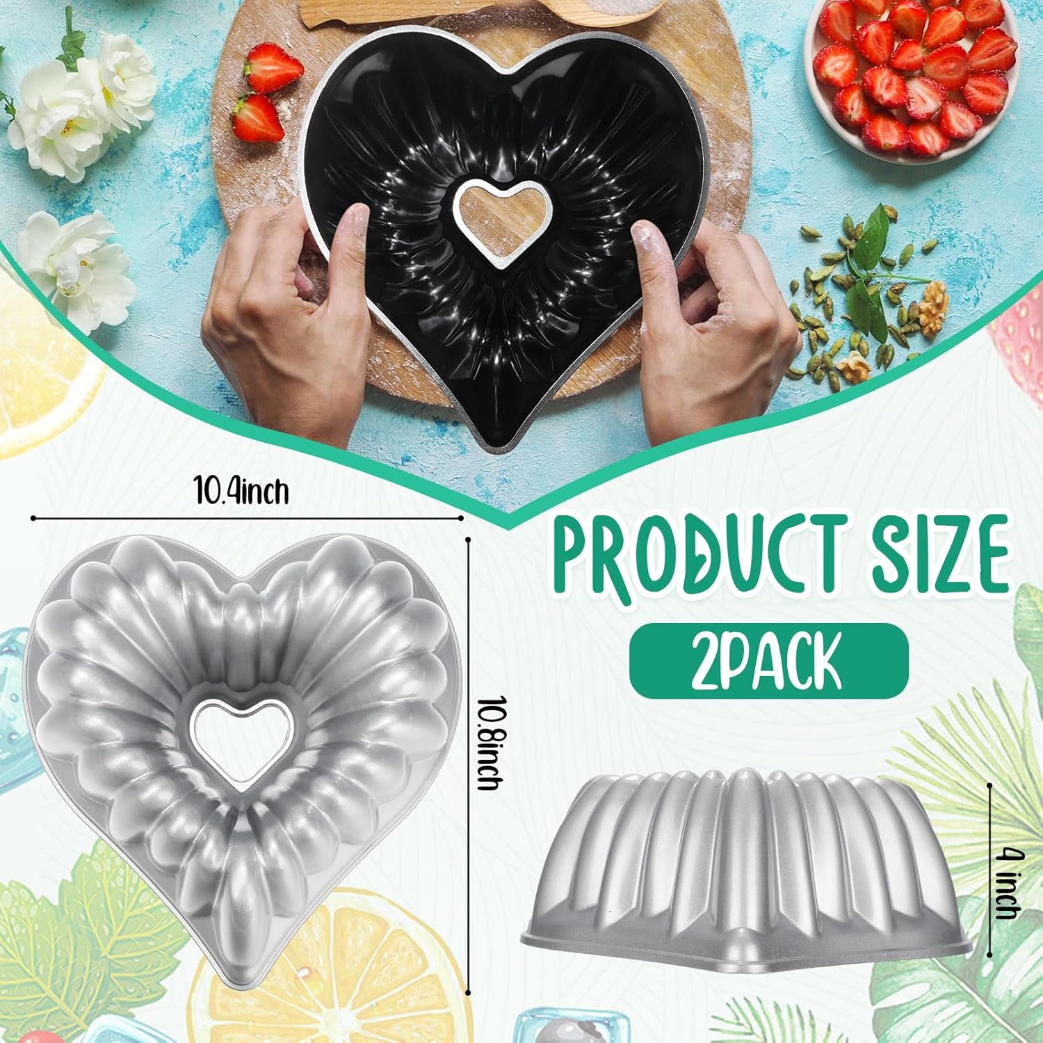 10 Inch Heart Shaped Cake Pans Set of 2 - Non Stick Aluminum Baking Mold for Valentines, Birthdays, Christmas, Weddings - Oven Safe Kitchen Accessories in Silver