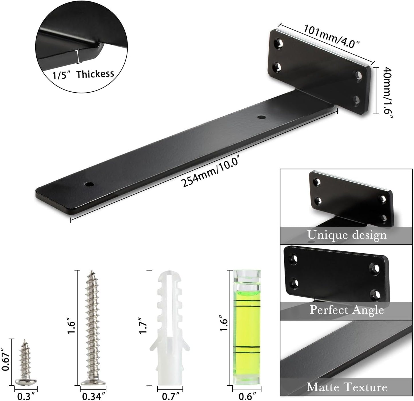 10 Inch Heavy Duty Black L Shaped Floating Shelf Bracket 2 Pack for Shelves - 10”L x 1.6”H x 1.6”W