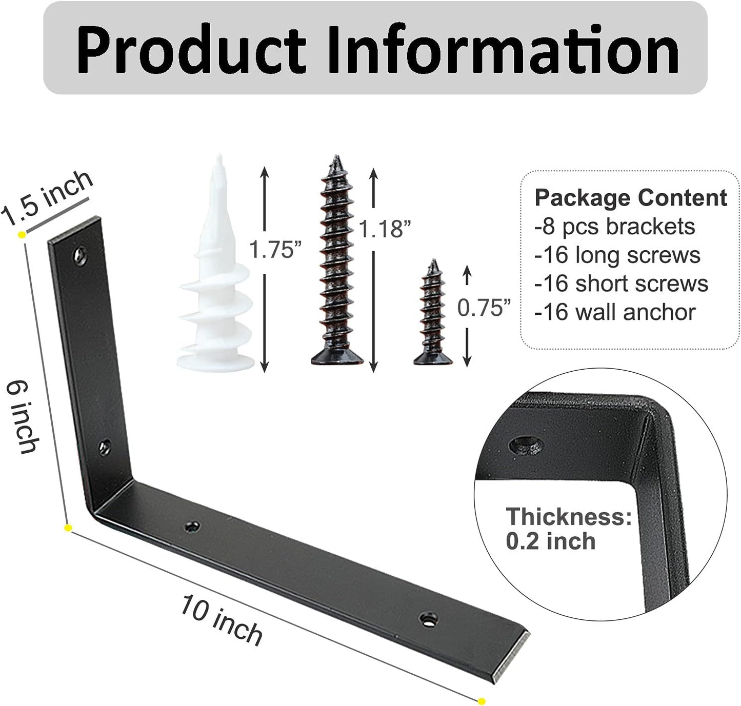 10 Inch Heavy Duty Black Metal Shelf Brackets (8PCS) - Rustic Industrial L Brackets for DIY Shelves - Wall Mount Hardware Included