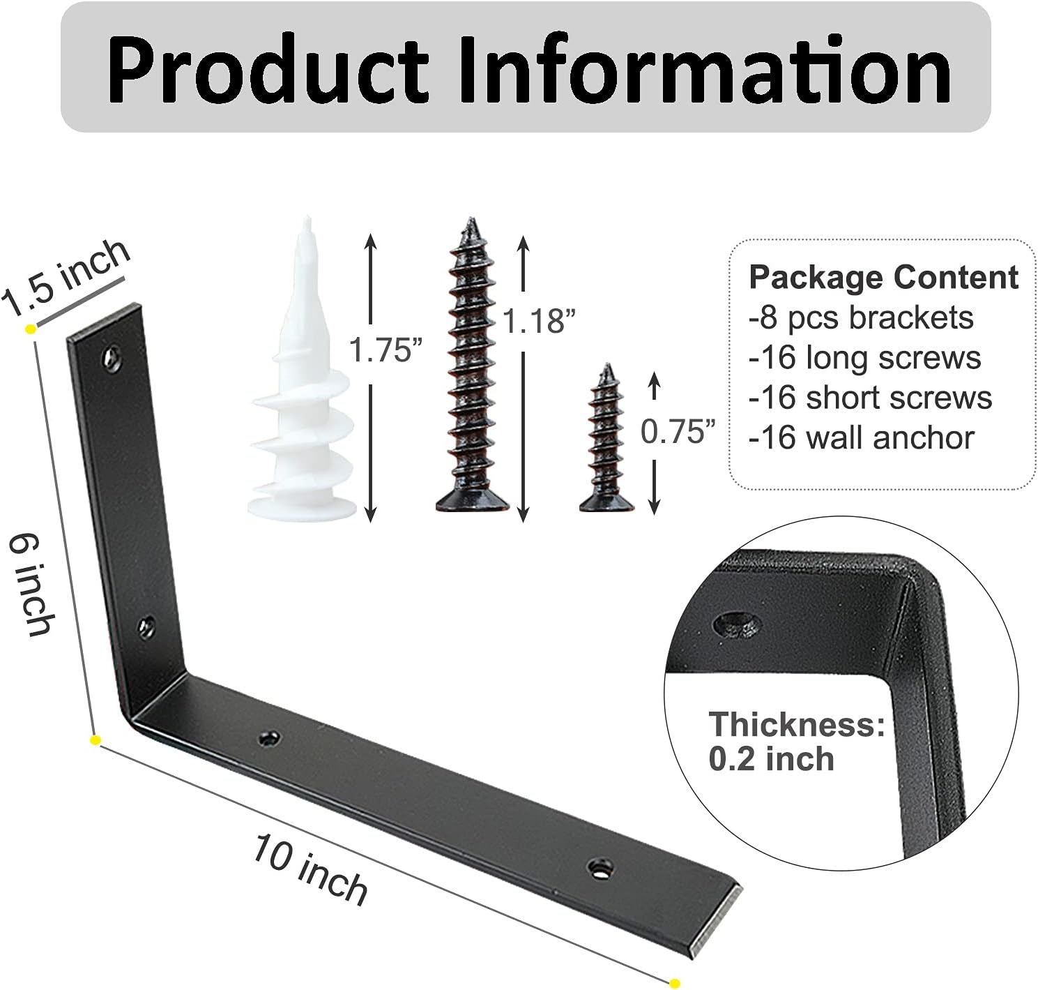 10 Inch Heavy Duty Black Metal Shelf Brackets (8PCS) - Rustic Industrial L Brackets for DIY Shelves - Wall Mount Hardware Included