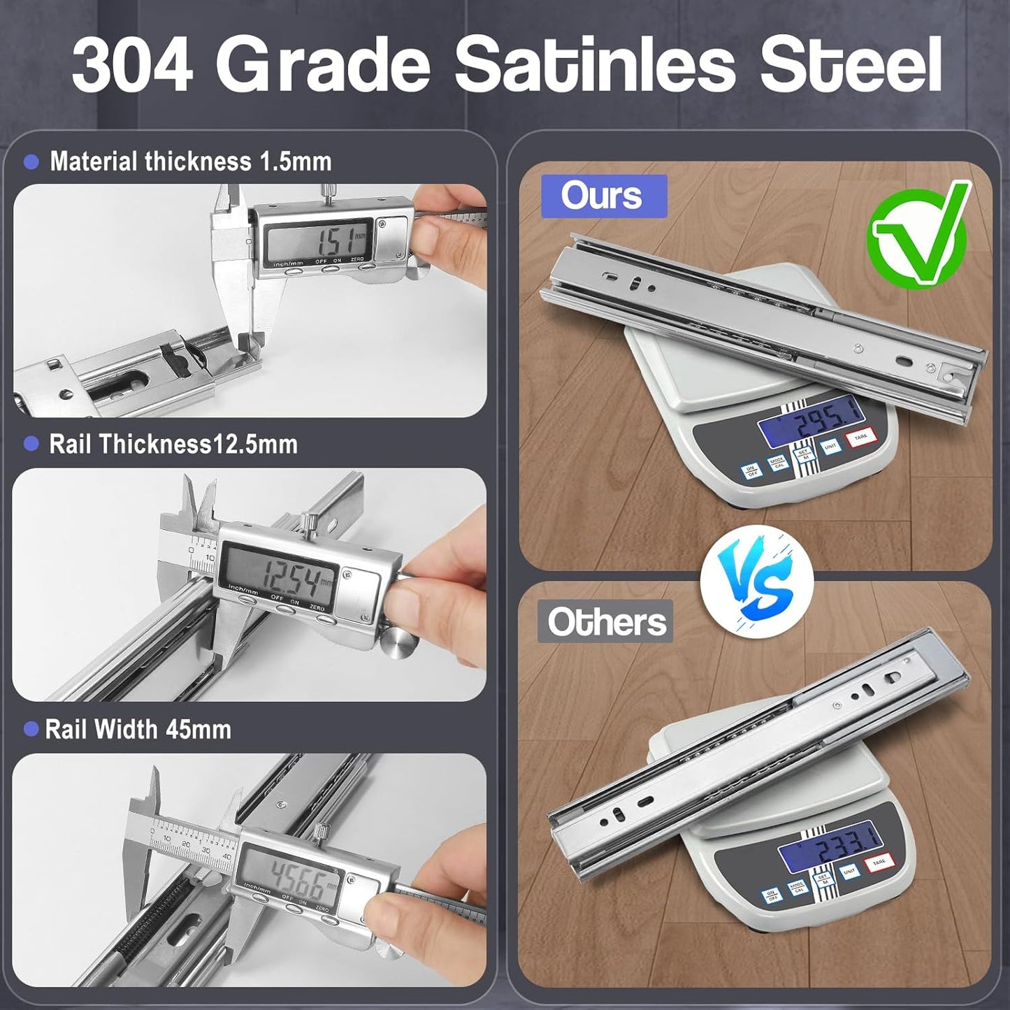 10 Inch Heavy Duty Drawer Slides - 3-Section Soft Close Ball Bearing Track - Stainless Steel Cabinet Rails - Side Mount - 1 Pair, 100lb Capacity