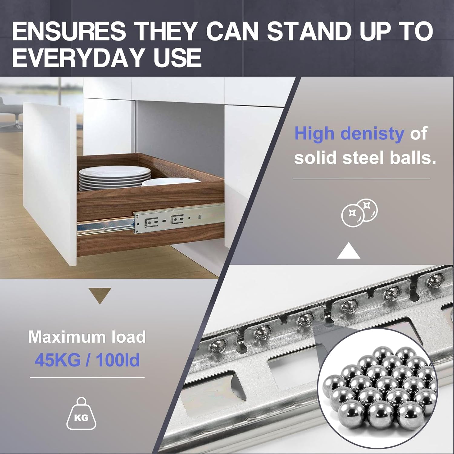 10 Inch Heavy Duty Drawer Slides - 3-Section Soft Close Ball Bearing Track - Stainless Steel Cabinet Rails - Side Mount - 1 Pair, 100lb Capacity