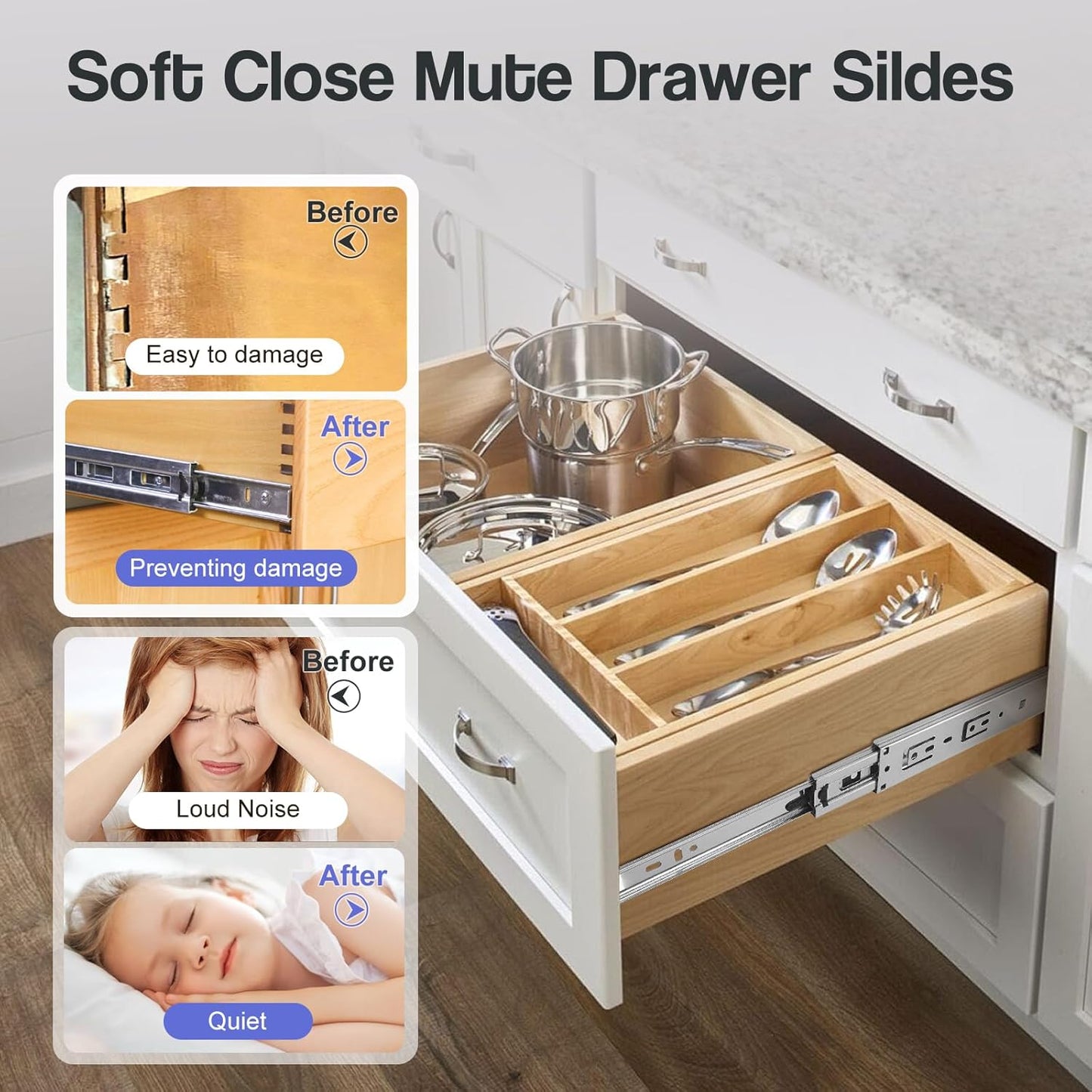 10 Inch Heavy Duty Drawer Slides - 3-Section Soft Close Ball Bearing Track - Stainless Steel Cabinet Rails - Side Mount - 1 Pair, 100lb Capacity