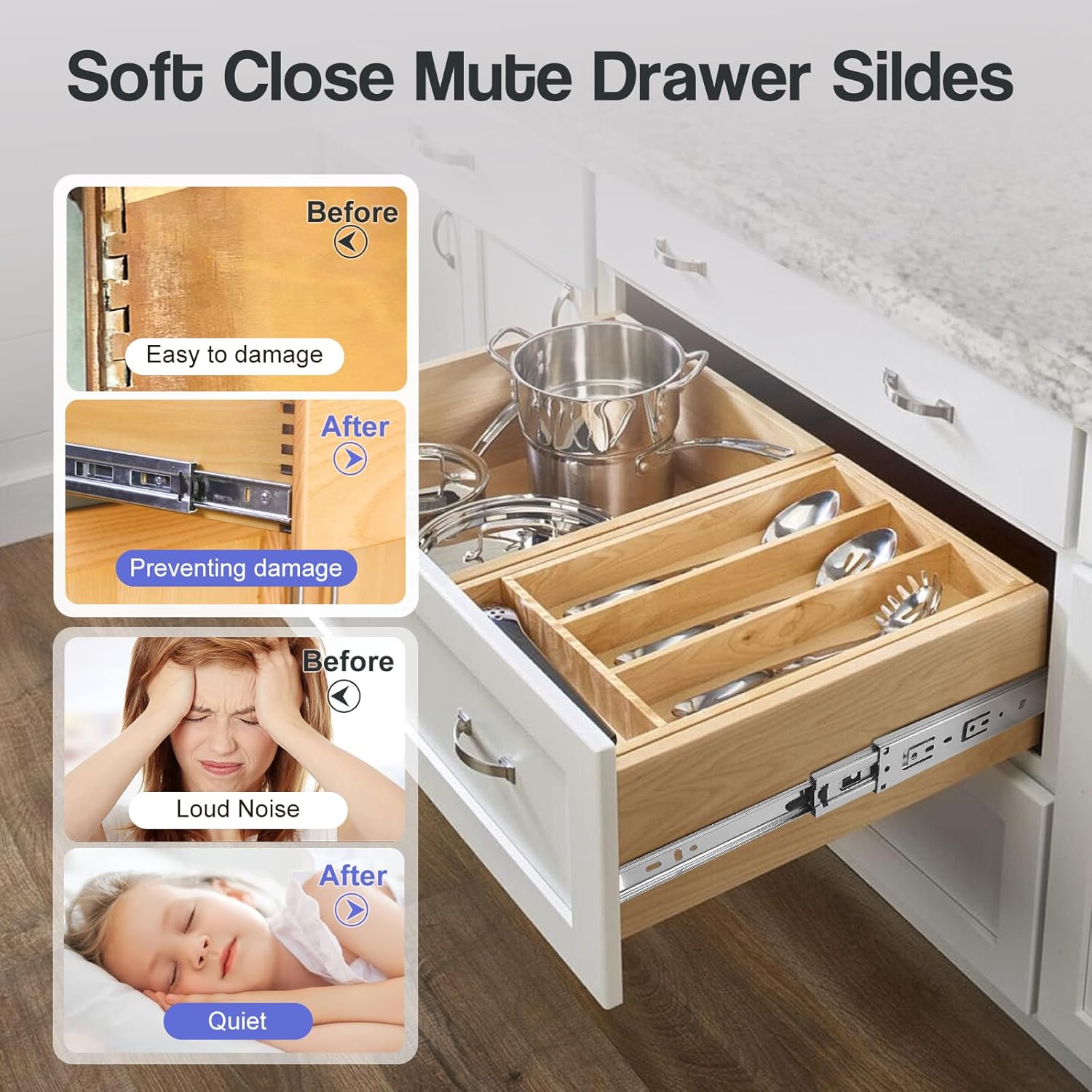 10 Inch Heavy Duty Drawer Slides - 3-Section Soft Close Ball Bearing Track - Stainless Steel Cabinet Rails - Side Mount - 1 Pair, 100lb Capacity