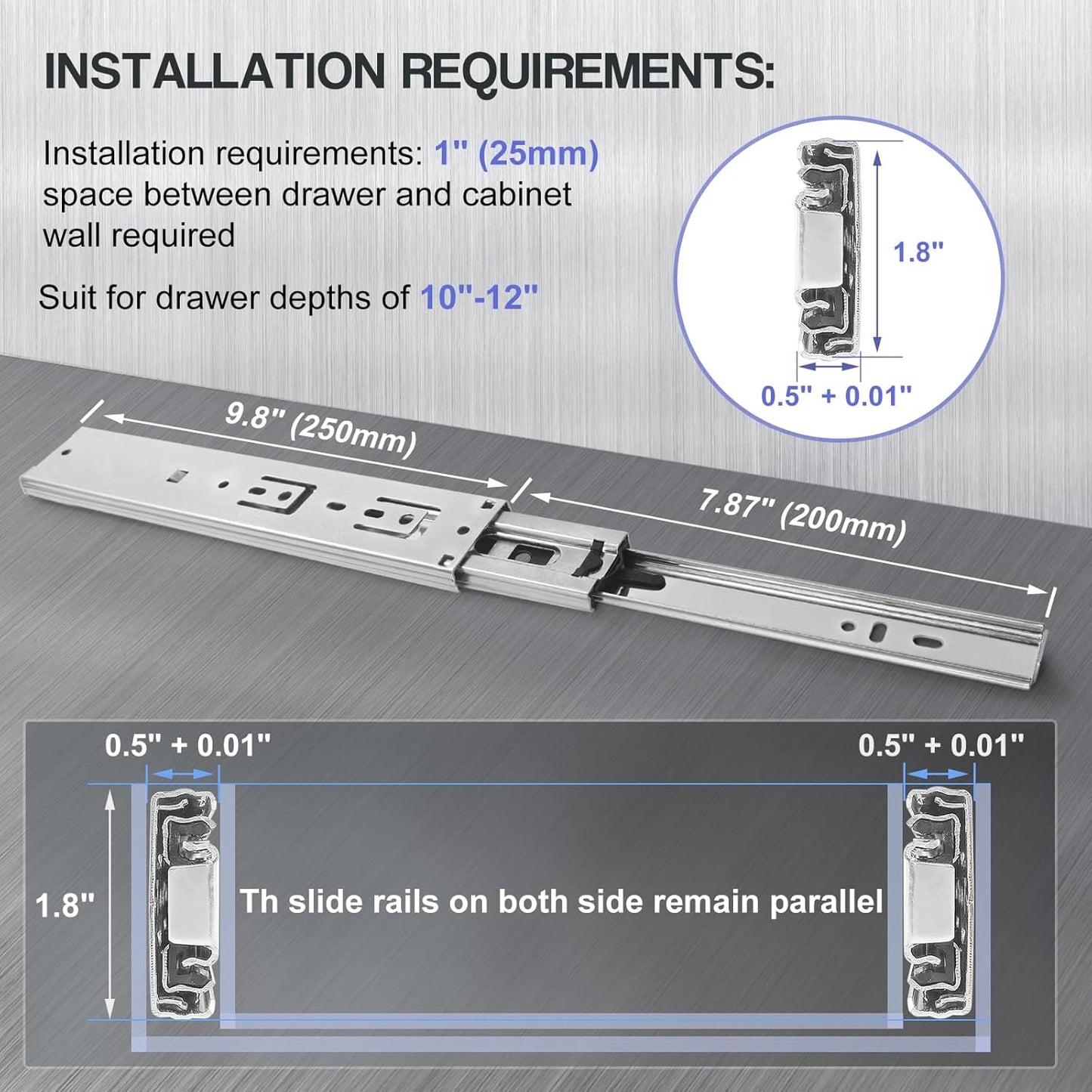 10 Inch Heavy Duty Drawer Slides - 3-Section Soft Close Ball Bearing Track - Stainless Steel Cabinet Rails - Side Mount - 1 Pair, 100lb Capacity