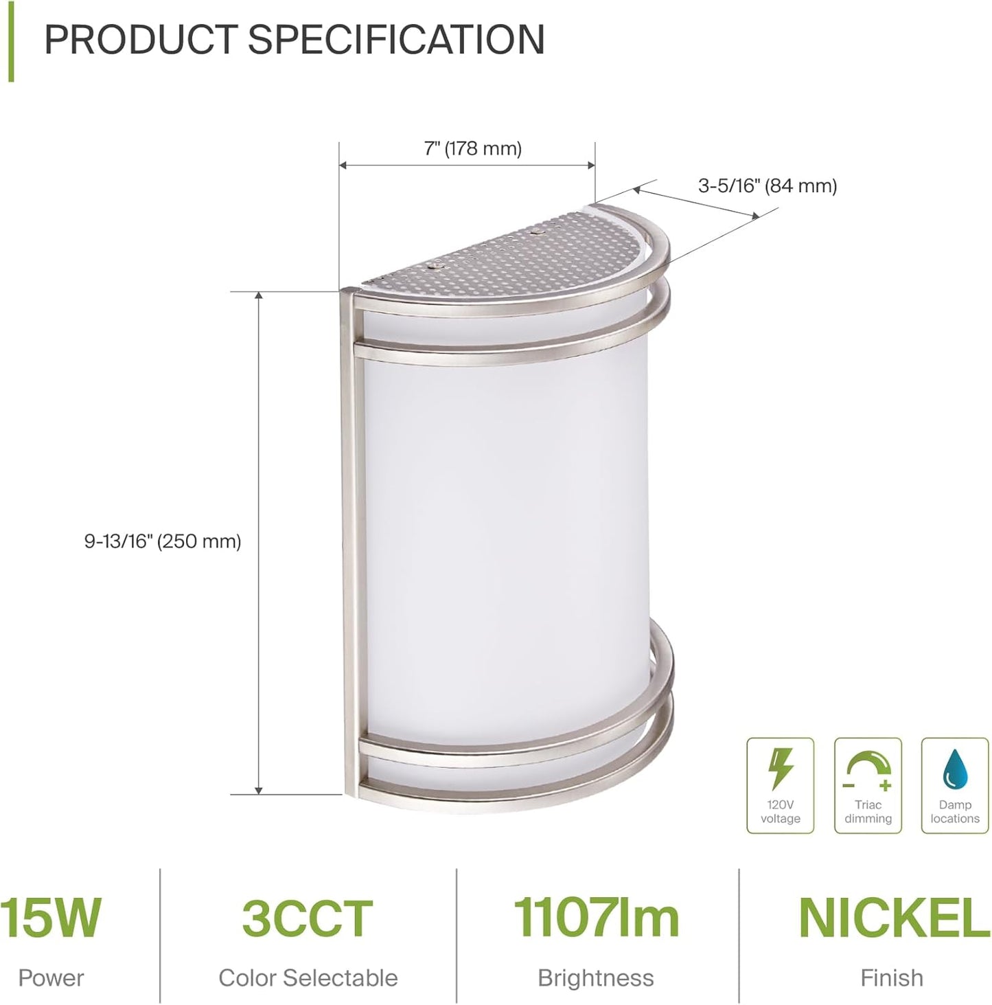 10 Inch LED Indoor Wall Sconce Light Fixture - Modern Brushed Nickel Finish - Adjustable Color Temperature - Half Cylinder Design - ETL & Energy Star Certified