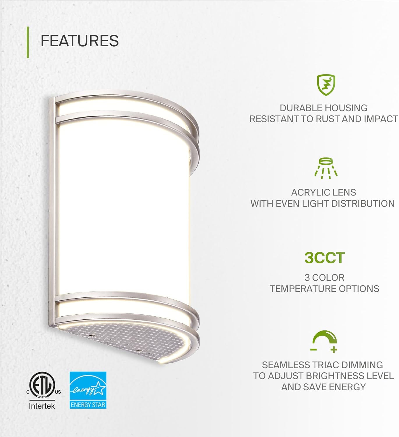 10 Inch LED Indoor Wall Sconce Light Fixture - Modern Brushed Nickel Finish - Adjustable Color Temperature - Half Cylinder Design - ETL & Energy Star Certified