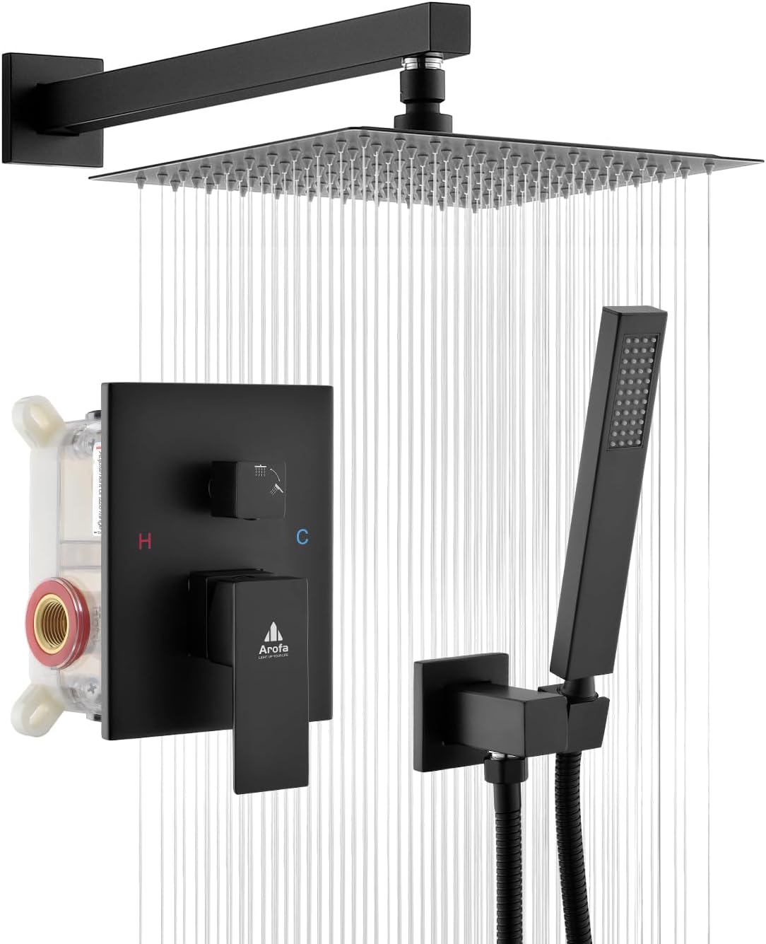 10 Inch Matte Black Shower System with Valve, Rainfall Shower Head and Handheld Combo Kit - Bathroom Wall Mounted Fixtures by Arofa