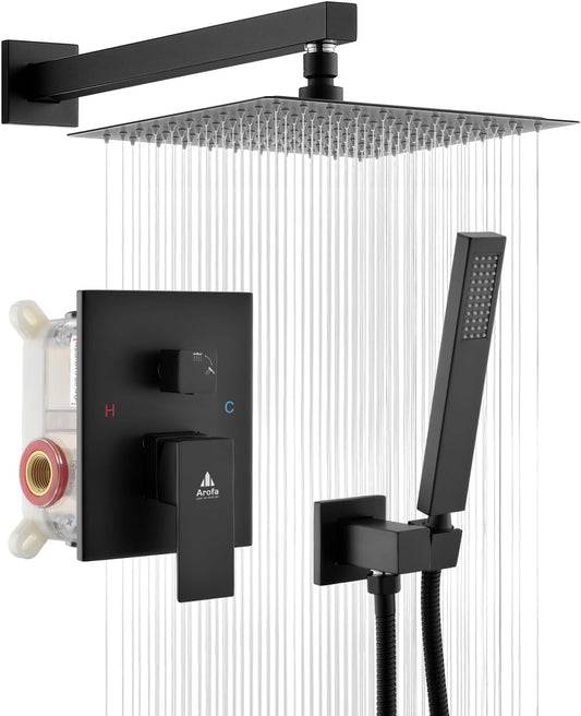 10 Inch Matte Black Shower System with Valve, Rainfall Shower Head and Handheld Combo Kit - Bathroom Wall Mounted Fixtures by Arofa