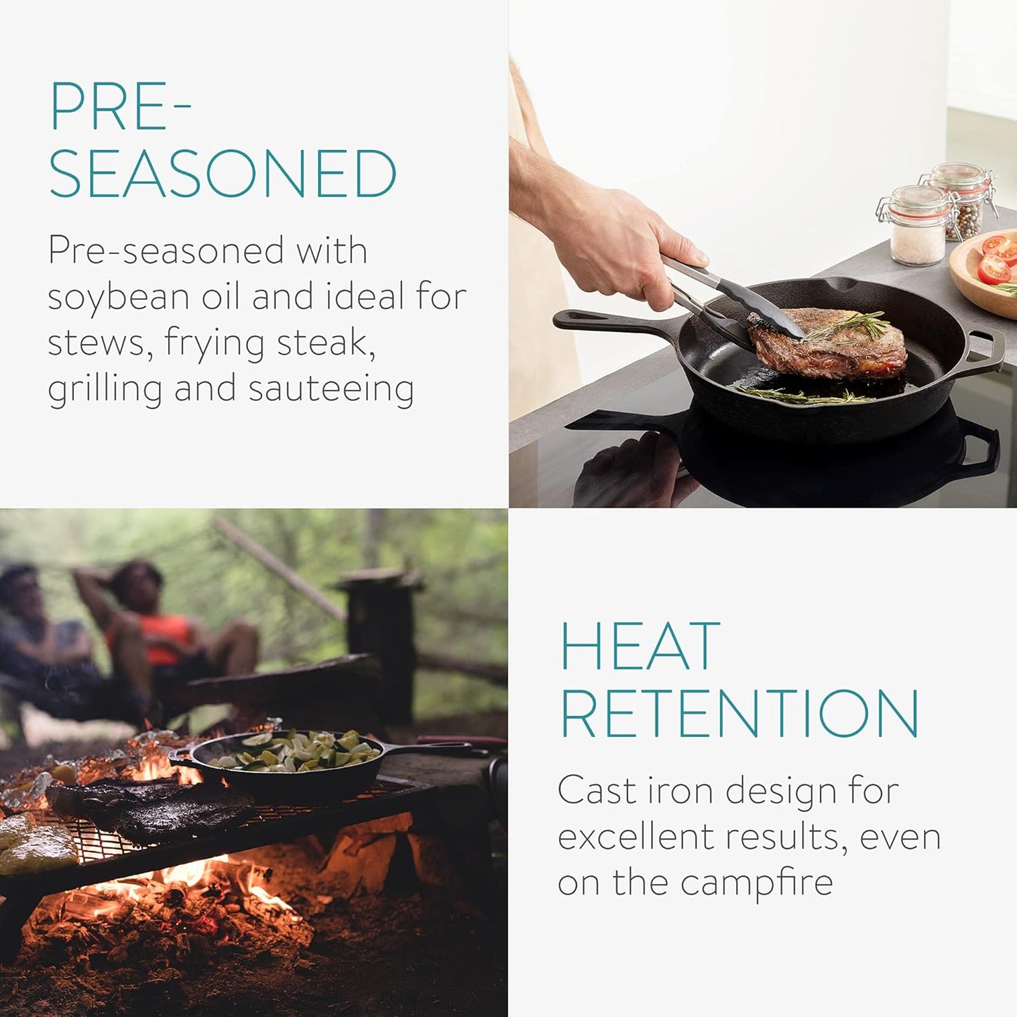 10 Inch Navaris Cast Iron Skillet - Pre-Seasoned Pan for Frying, Cooking, Oven, Stove Top, Camping - Durable Cookware