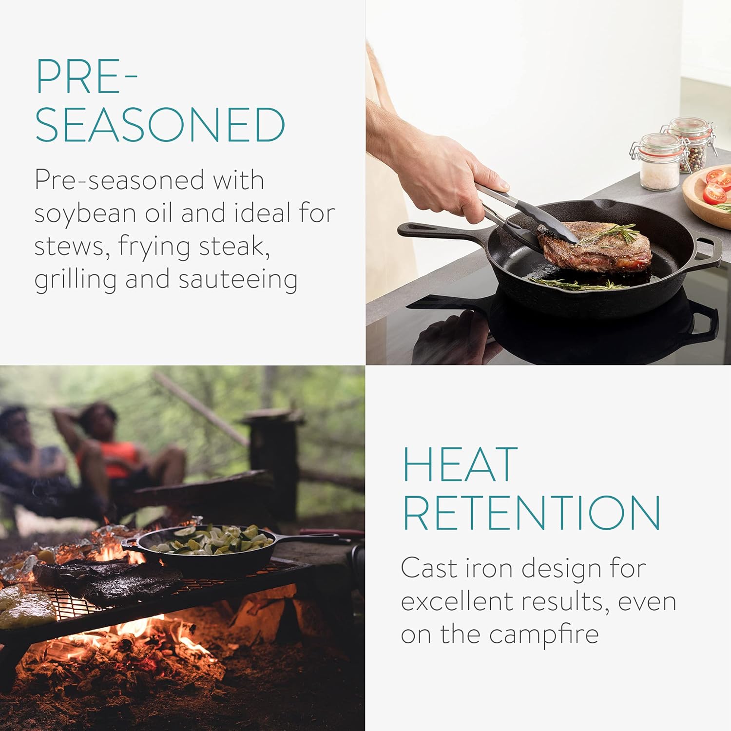 10 Inch Navaris Cast Iron Skillet - Pre-Seasoned Pan for Frying, Cooking, Oven, Stove Top, Camping - Durable Cookware