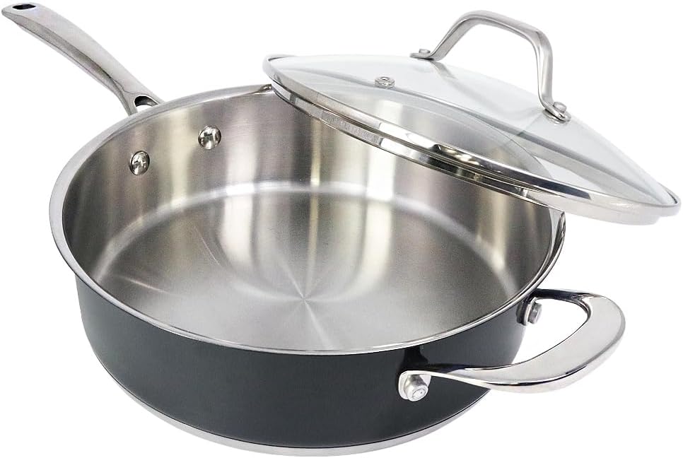 10 Inch Navy-Gray Matte Polished Stainless Steel Saute Pan with Glass Lid - Non Toxic 2.5 Quart Cookware Pan by HOMICHEF