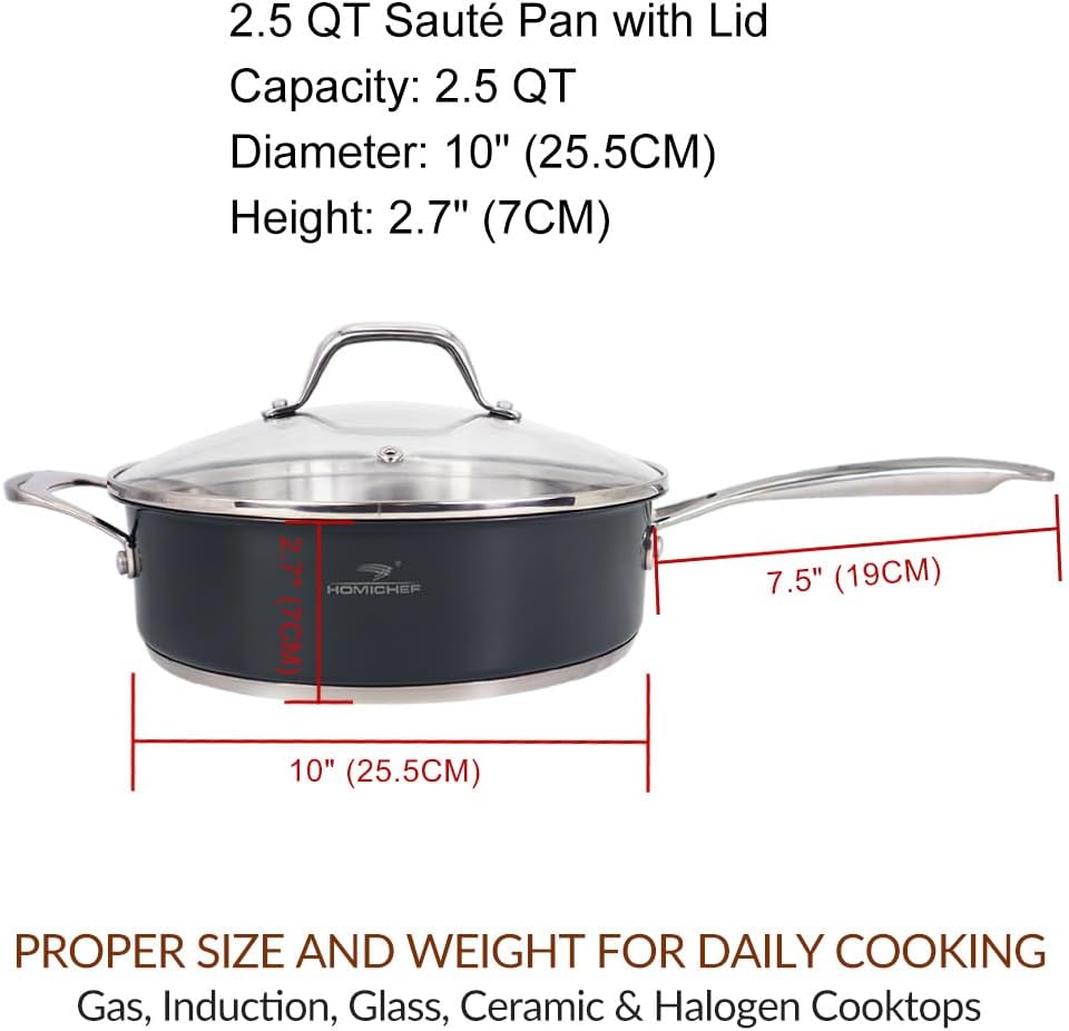 10 Inch Navy-Gray Matte Polished Stainless Steel Saute Pan with Glass Lid - Non Toxic 2.5 Quart Cookware Pan by HOMICHEF