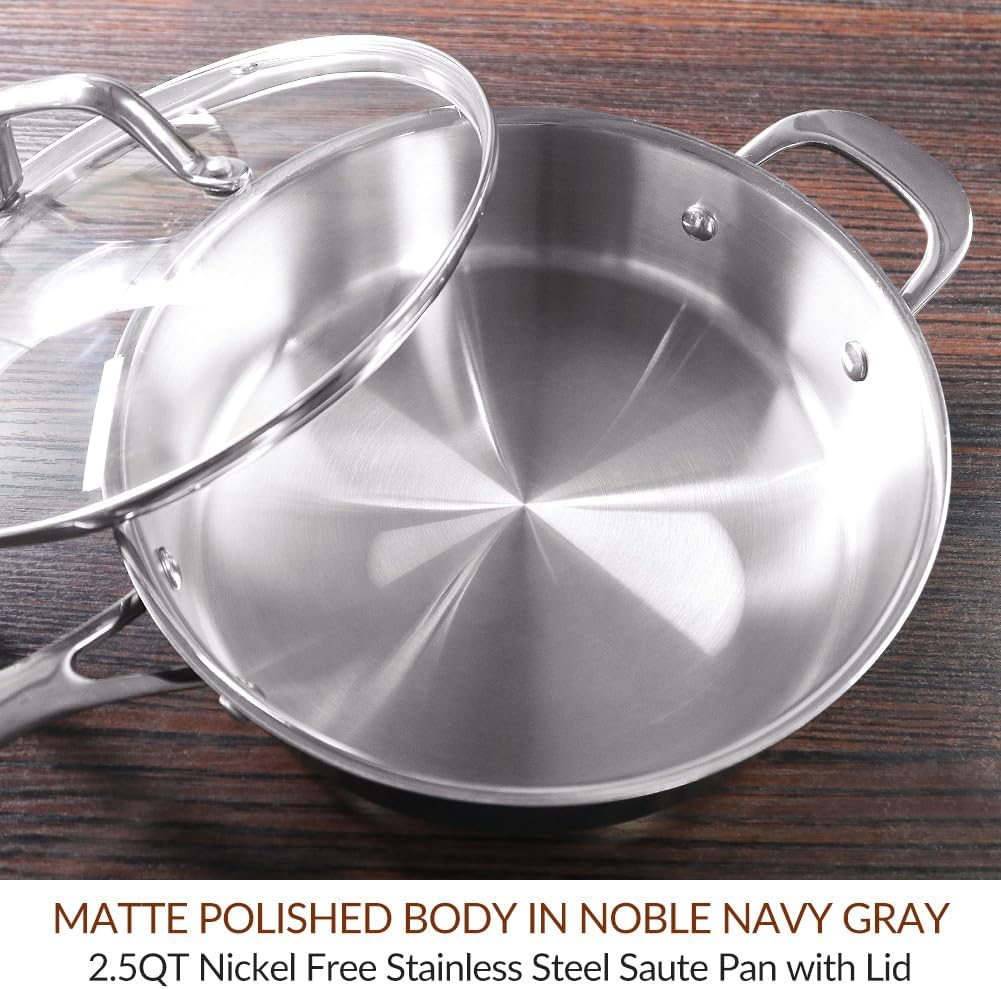 10 Inch Navy-Gray Matte Polished Stainless Steel Saute Pan with Glass Lid - Non Toxic 2.5 Quart Cookware Pan by HOMICHEF