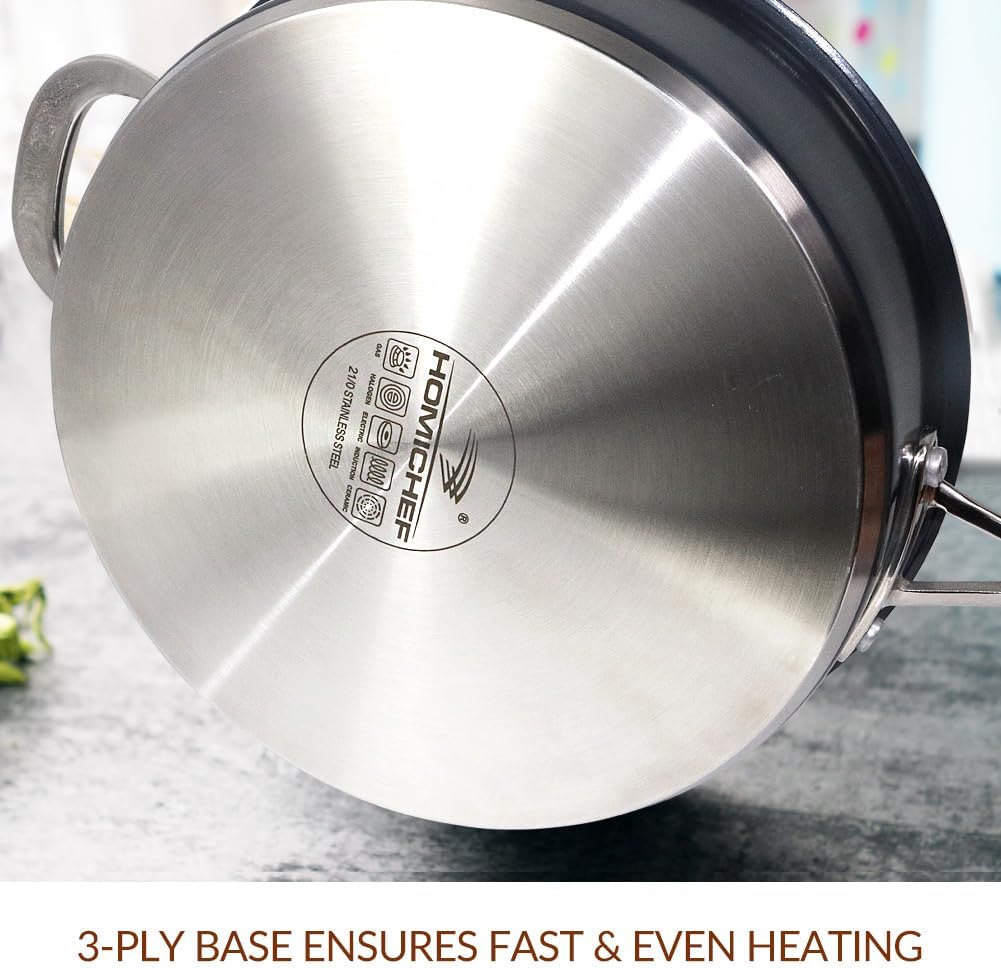 10 Inch Navy-Gray Matte Polished Stainless Steel Saute Pan with Glass Lid - Non Toxic 2.5 Quart Cookware Pan by HOMICHEF