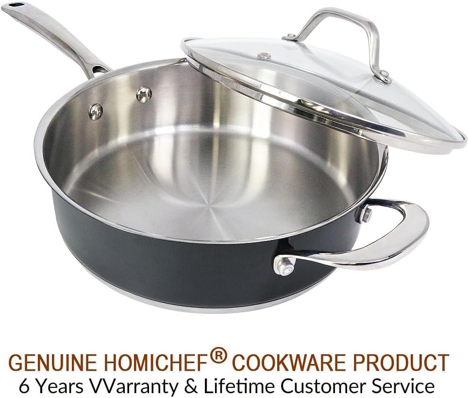 10 Inch Navy-Gray Matte Polished Stainless Steel Saute Pan with Glass Lid - Non Toxic 2.5 Quart Cookware Pan by HOMICHEF