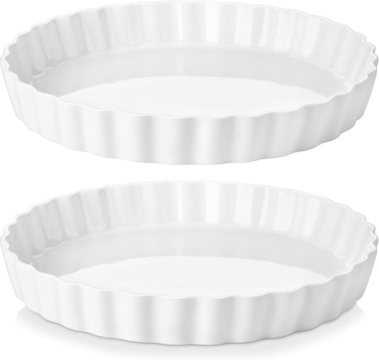 10 Inch Non-Stick Porcelain Pie Pan Quiche Baking Dish Set of 2 - White Ruffled Edge Tart Pan for Apple, Quiche, Pot Pies